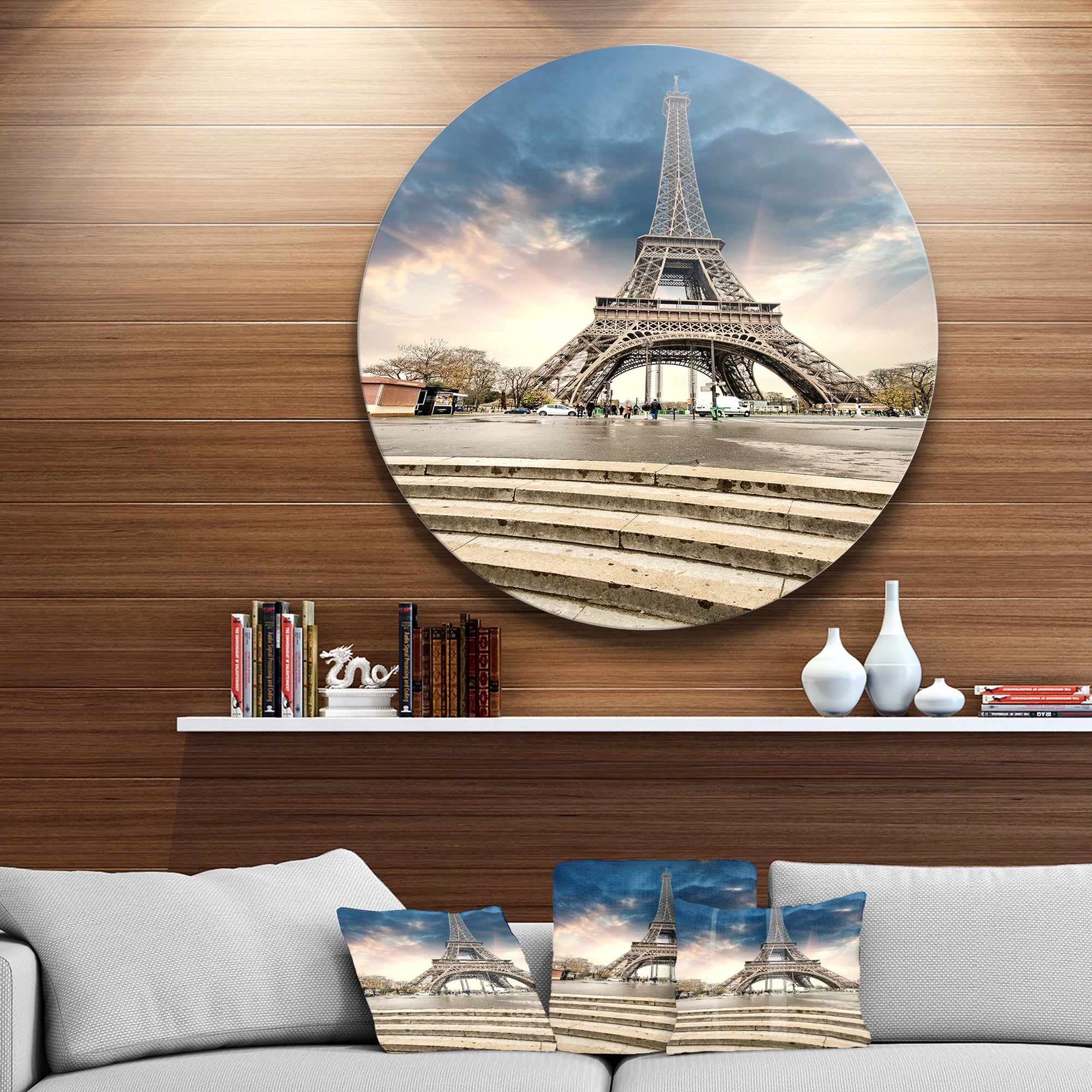 Paris Eiffel Towerwith Stairs' Landscape Photo Circle Metal Wall Art