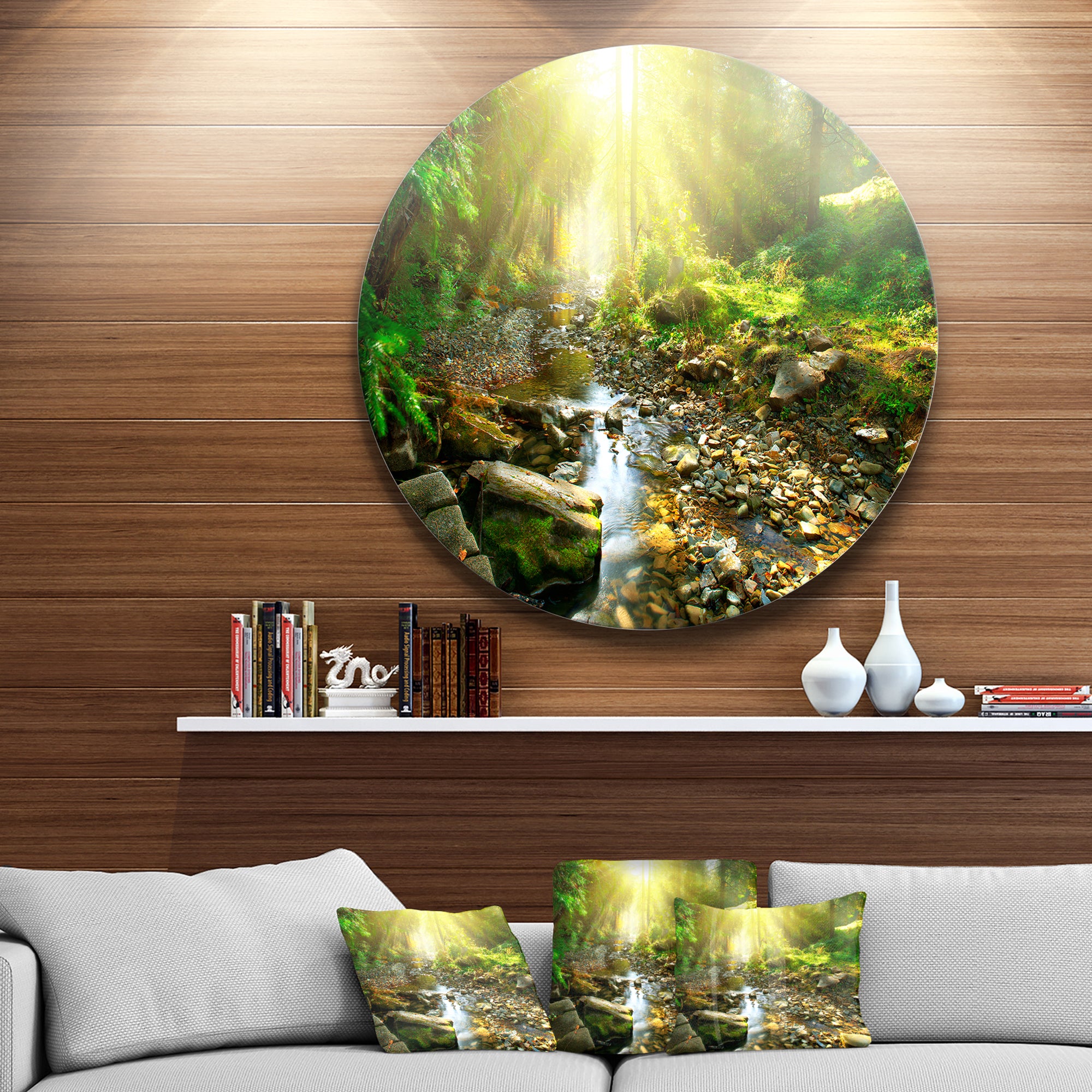 Mountain Stream in Forest' Landscape Photography Circle Metal Wall Art