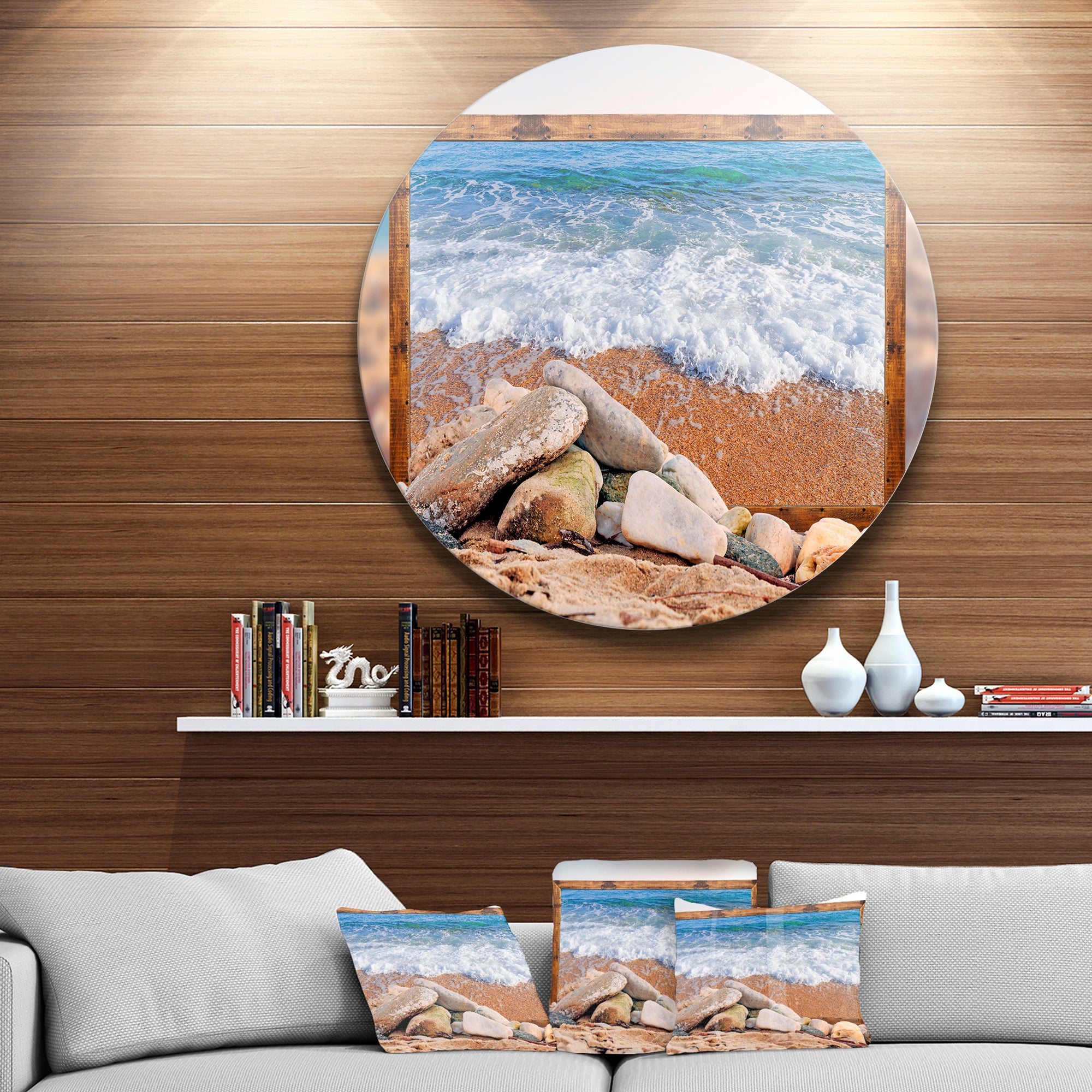 Framed Effect Waves and Rocks' Seashore Circle Metal Wall Art