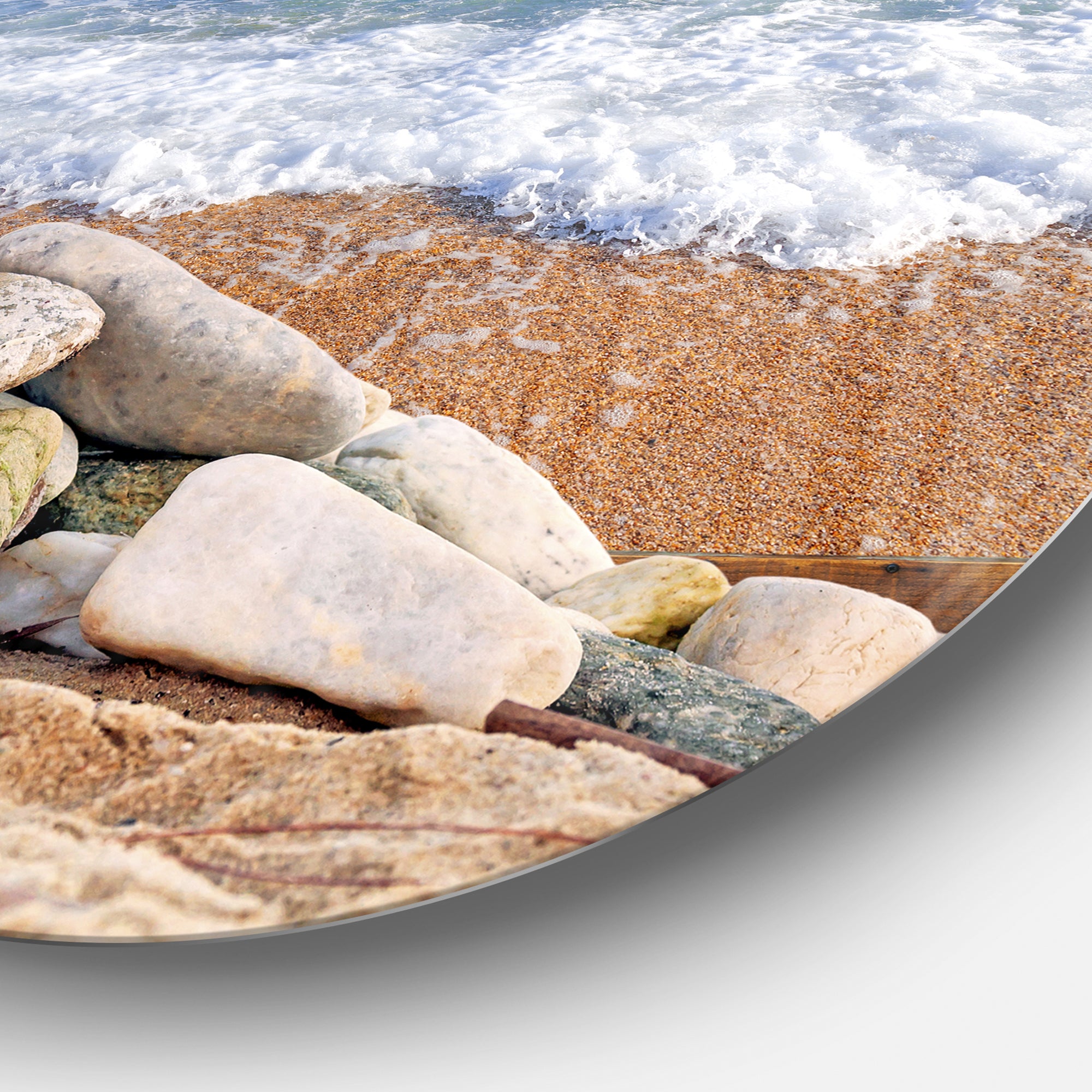 Framed Effect Waves and Rocks' Seashore Circle Metal Wall Art