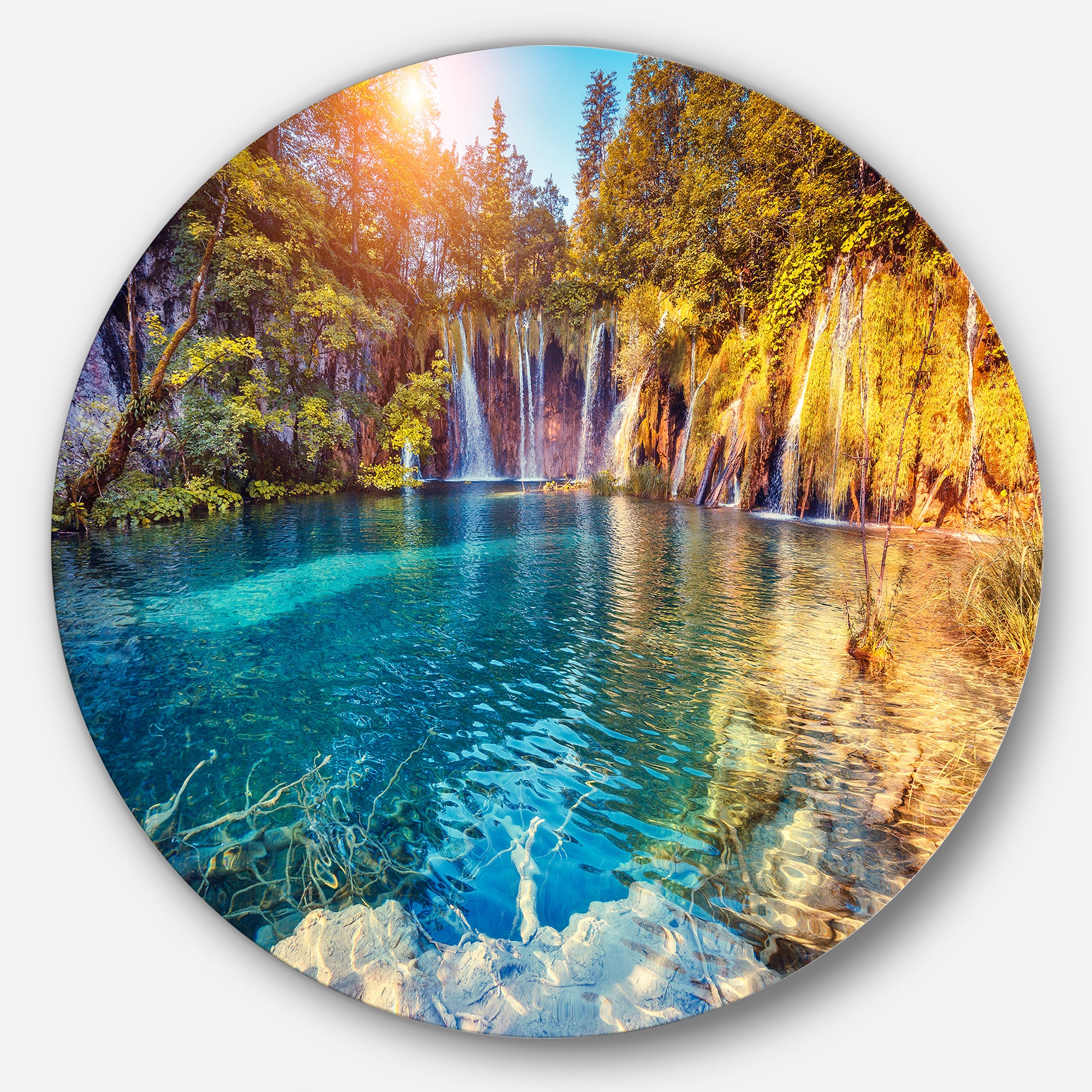 Turquoise Water and Sunny Beams' Landscape Photography Circle Metal Wall Art