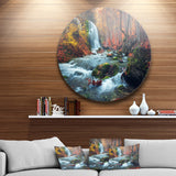 Autumn Mountain Waterfall Long View' Landscape Photography Circle Metal Wall Art