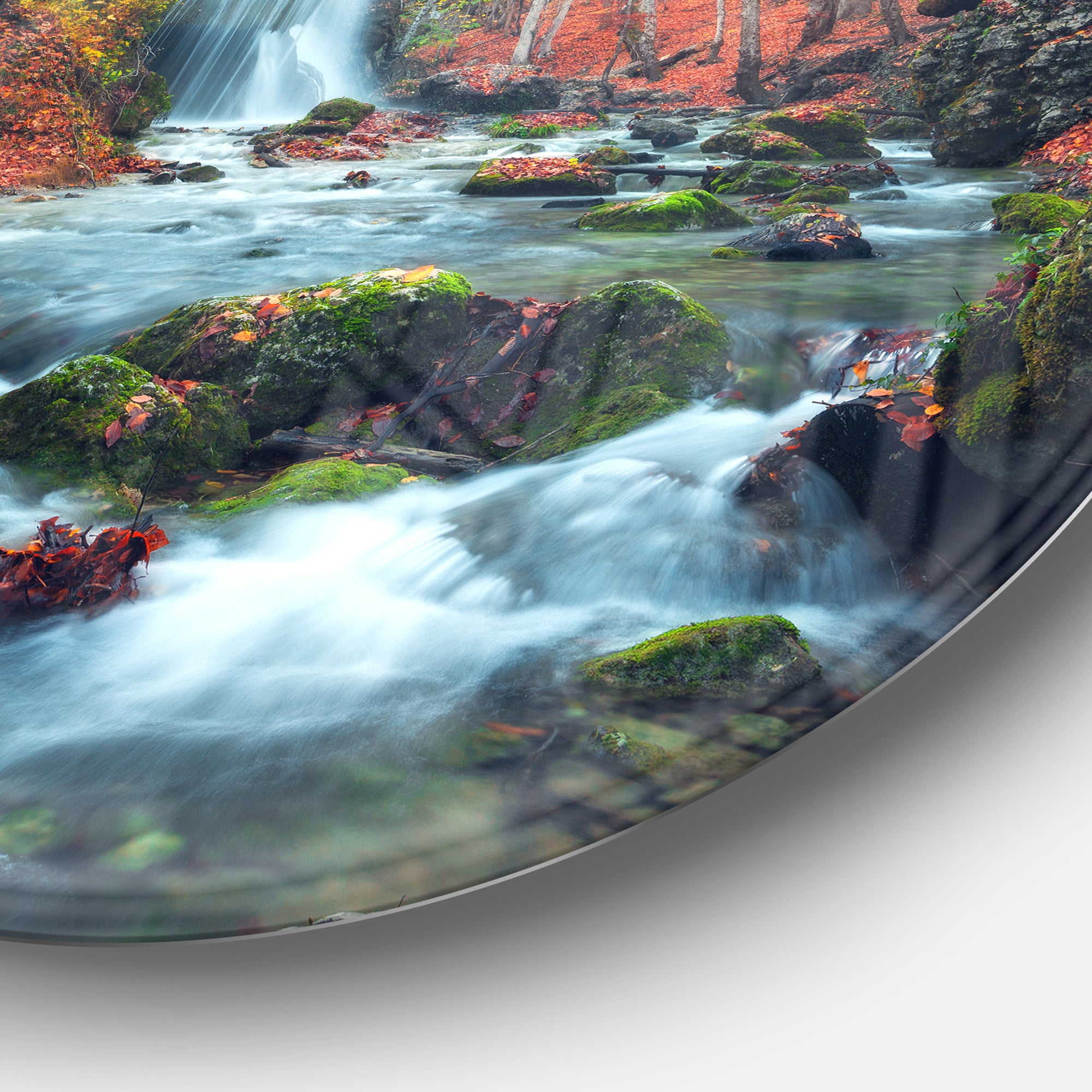 Autumn Mountain Waterfall Long View' Landscape Photography Circle Metal Wall Art