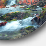 Autumn Mountain Waterfall Long View' Landscape Photography Circle Metal Wall Art