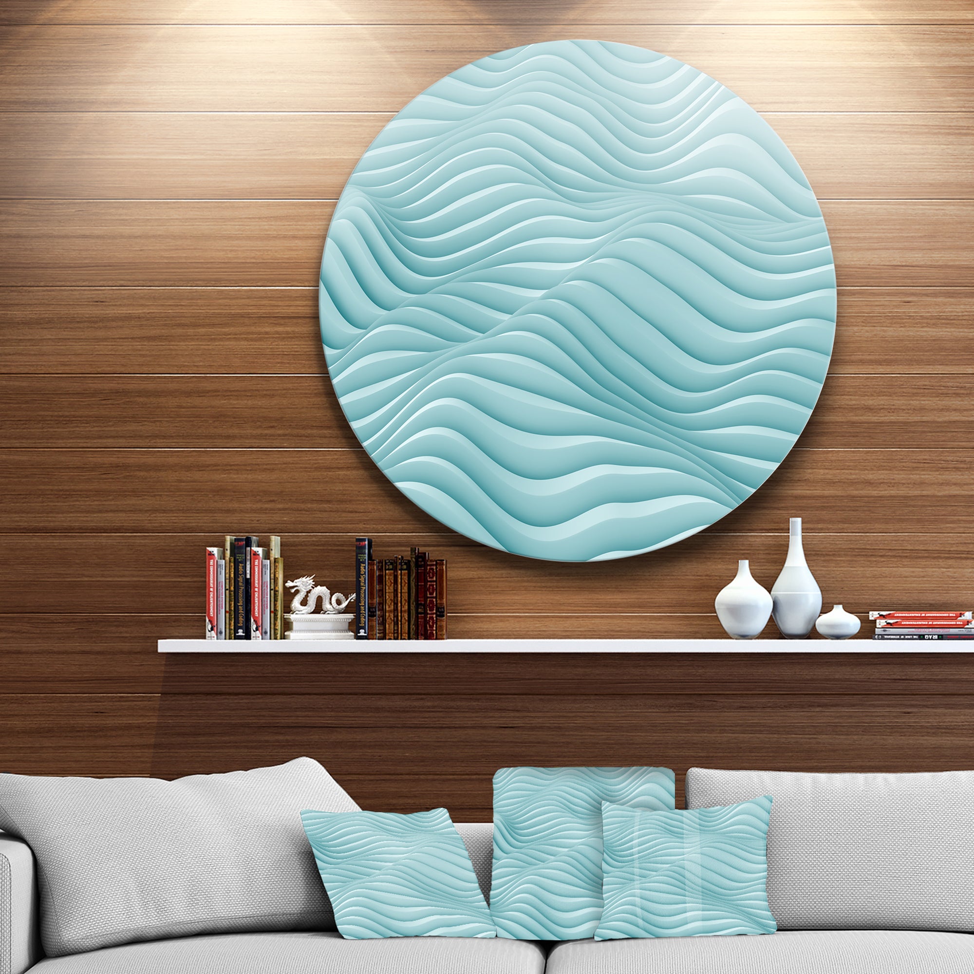 Fractal Rippled Blue 3D Waves' Abstract Circle Metal Wall Art