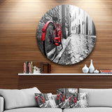 Retro Vintage Red Bike' Cityscape Photo Circle Metal Wall Art