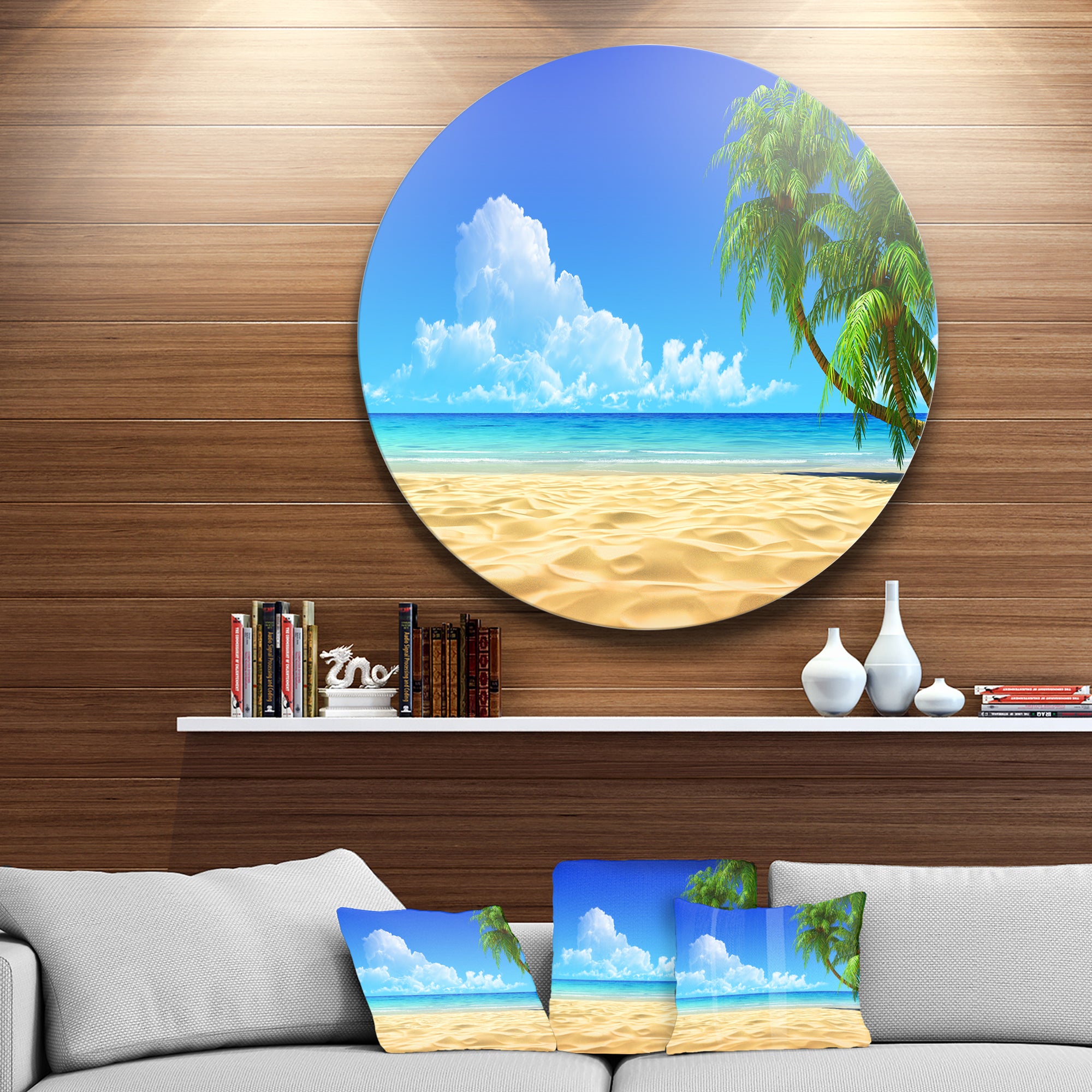 Coconut Palms Bent into Beach' Seashore Circle Metal Wall Art