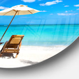 Turquoise Beach with Chairs' Seashore Photo Circle Metal Wall Art