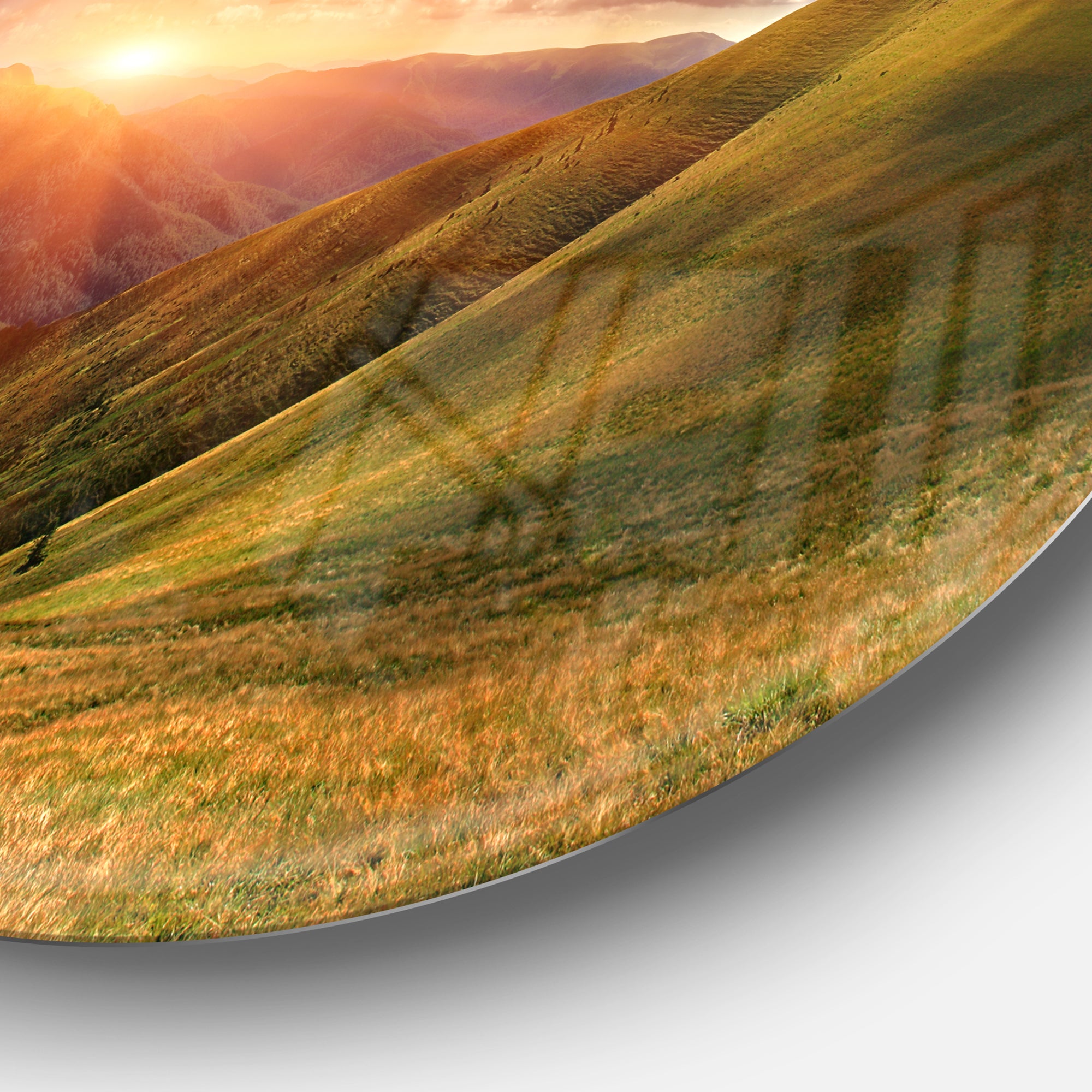 Sunrise Over Green Mountains' Landscape Photo Circle Metal Wall Art