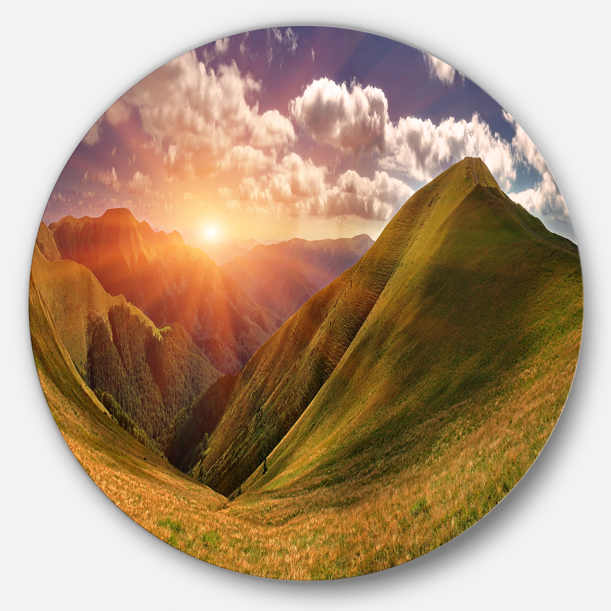 Sunrise Over Green Mountains' Landscape Photo Circle Metal Wall Art
