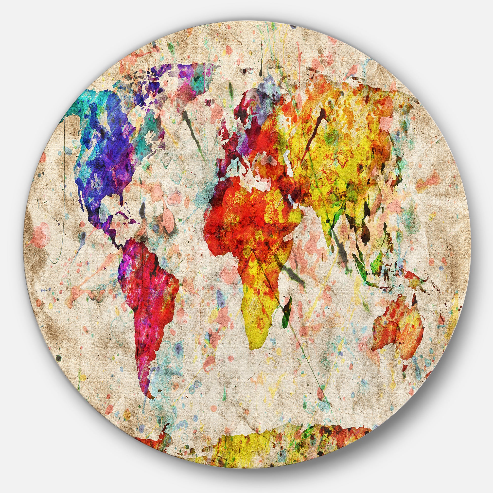 Vintage World Map Watercolor' Map Circle Metal Wall Art