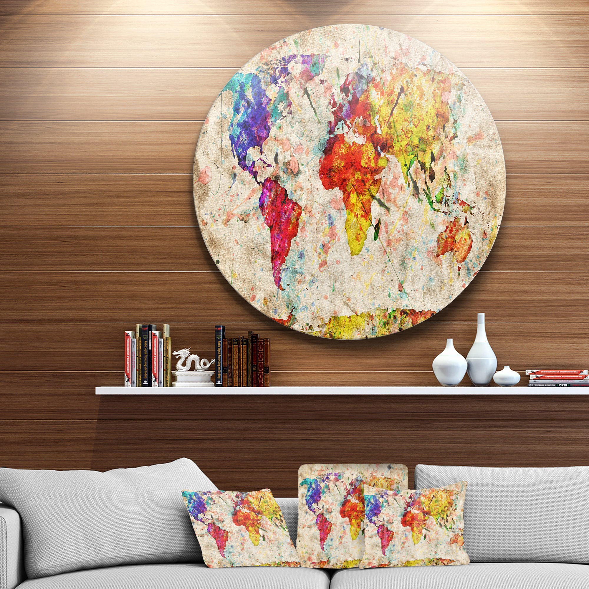 Vintage World Map Watercolor' Map Circle Metal Wall Art