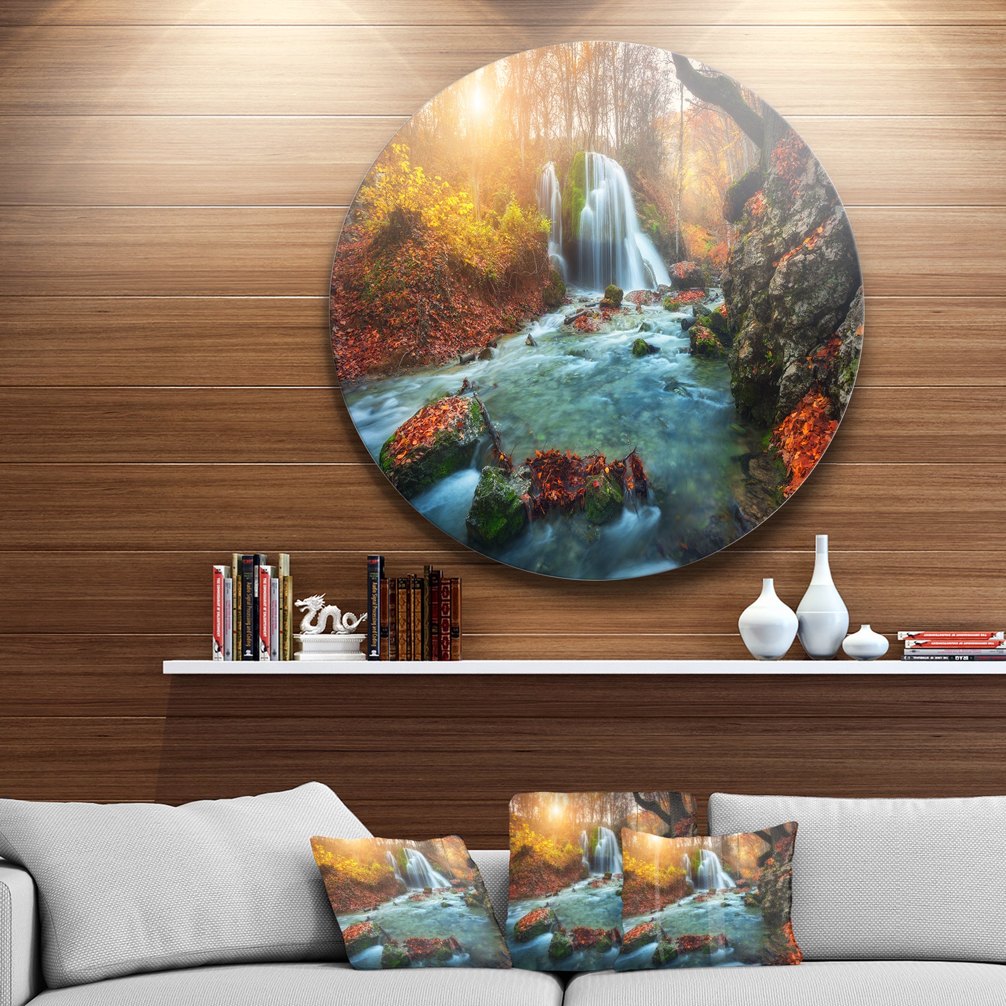Fast Flowing Fall River in Forest' Circle Landscape Circle Metal Wall Art