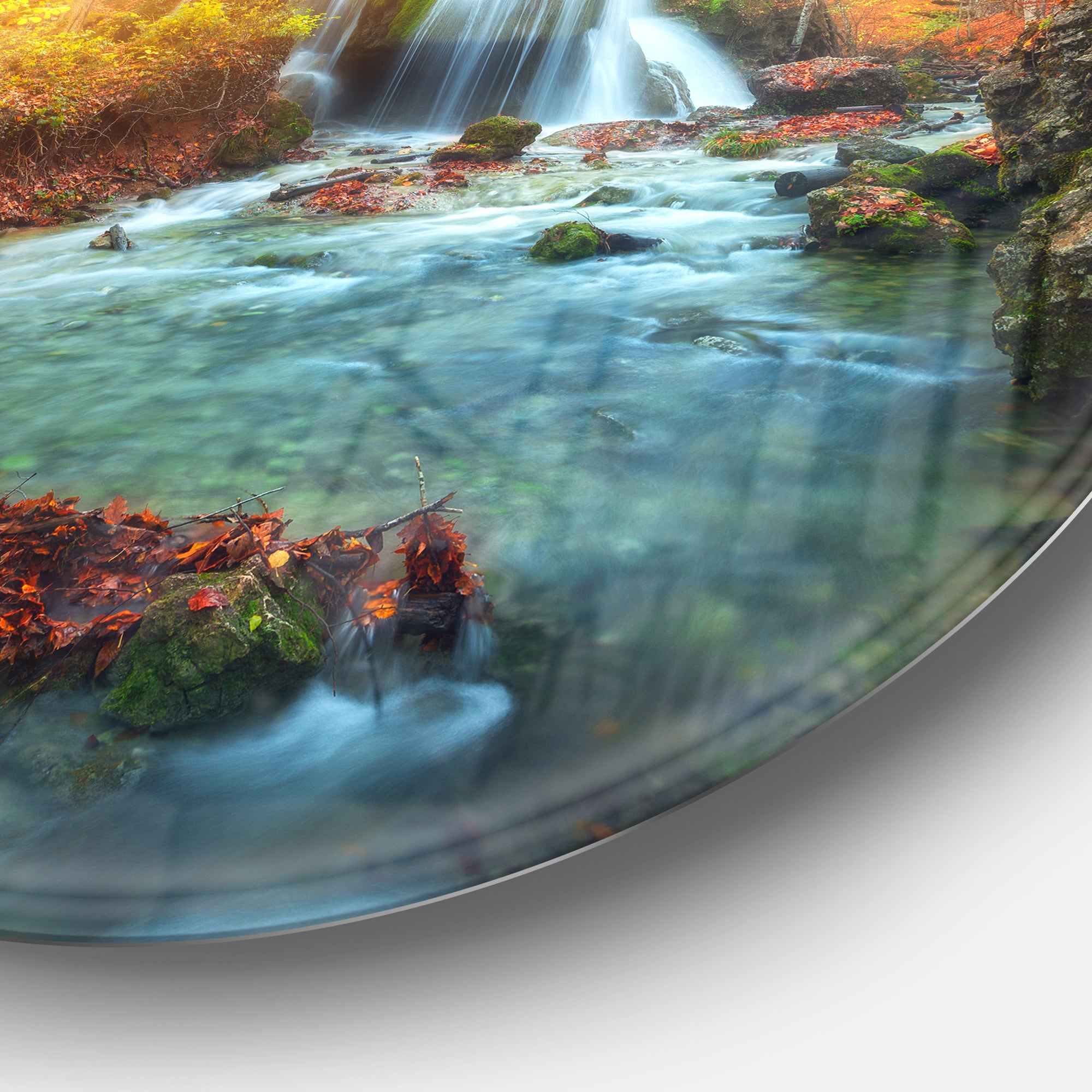 Fast Flowing Fall River in Forest' Circle Landscape Circle Metal Wall Art