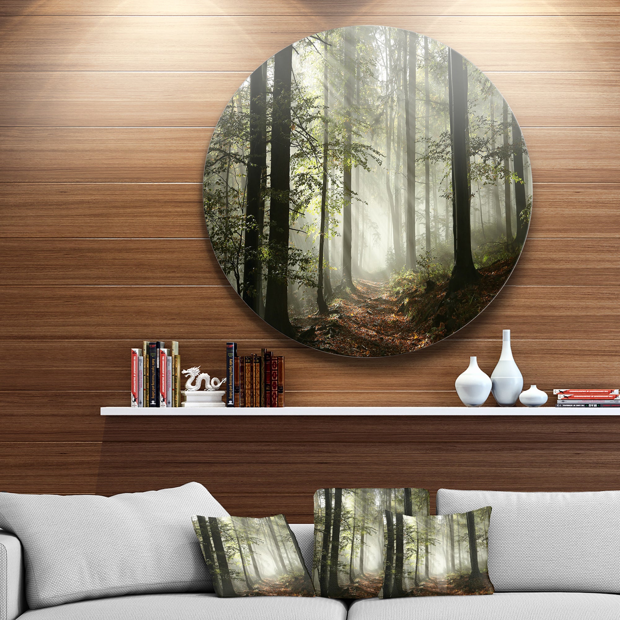 Light in Dense Fall Forest with Fog' Ultra Vibrant Landscape Oversized Circle Wall Art