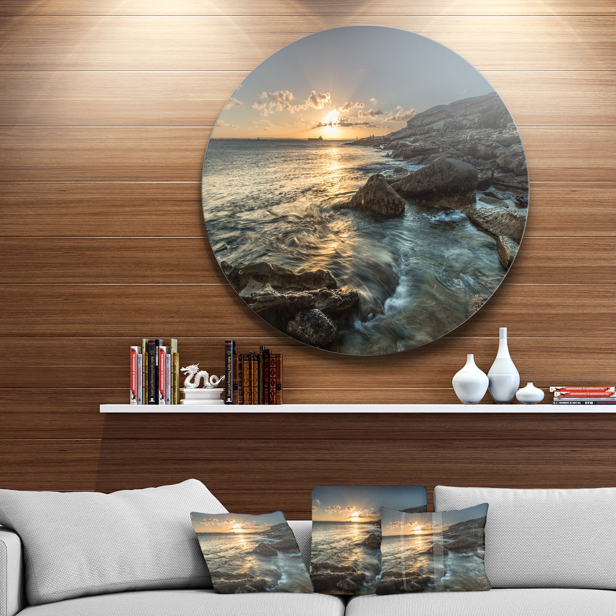 Sydney Beach with Bright Sunset' Ultra Vibrant Seascape Oversized Circle Wall Art