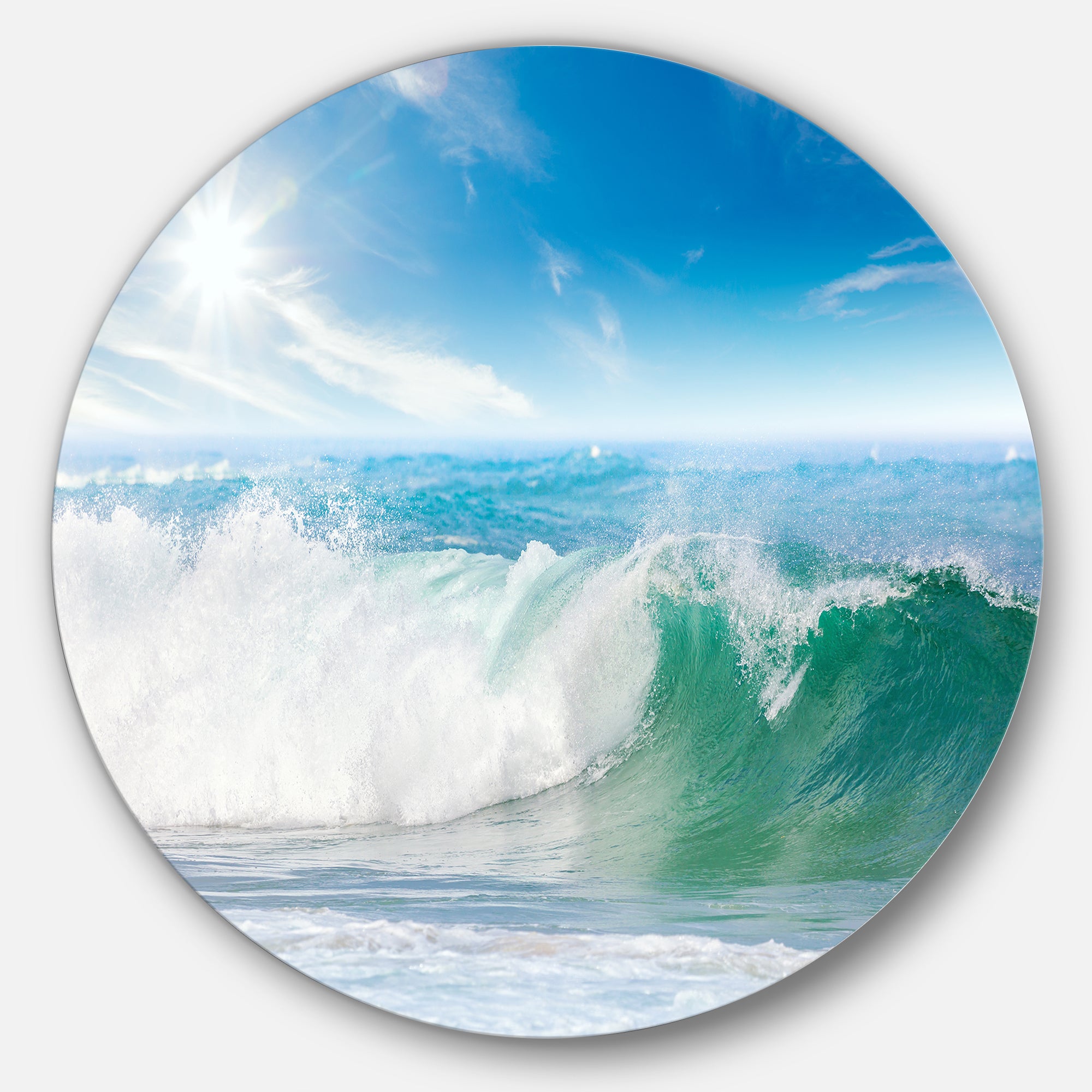 White and Blue Waves under Sun' Ultra Vibrant Seascape Metal Circle Wall Art