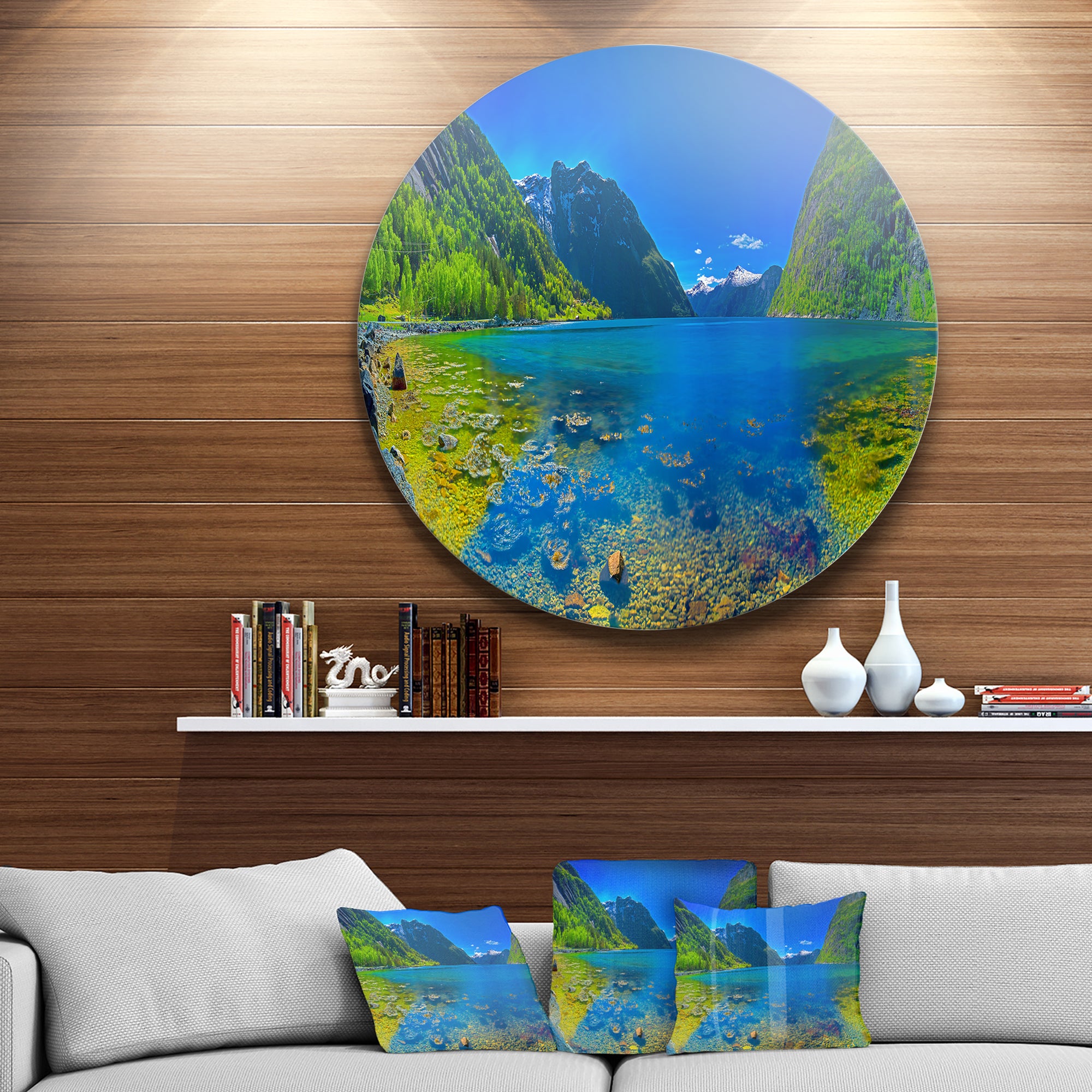 Panoramic View of Norwegian Fjord' Ultra Vibrant Landscape Metal Circle Wall Art