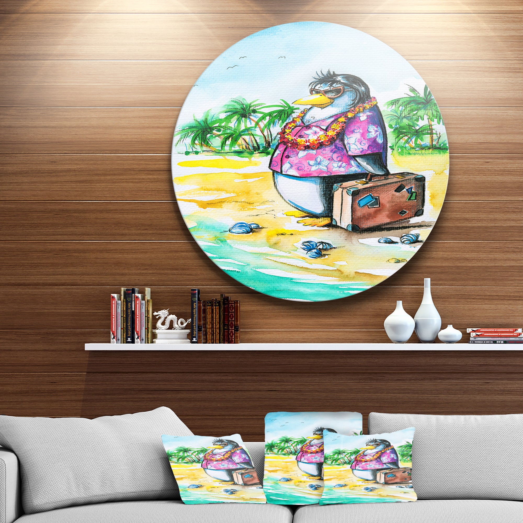 Penguin Enjoying Holidays on Beach' Ultra Vibrant Cartoon Animal Metal Circle Wall Art