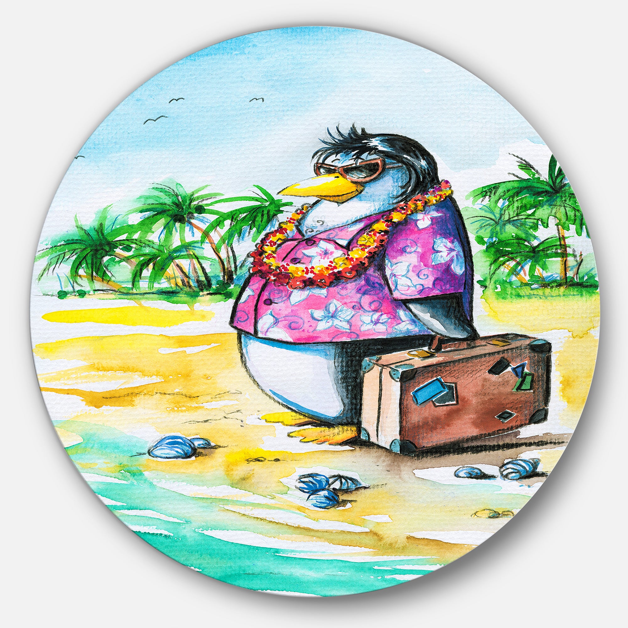Penguin Enjoying Holidays on Beach' Ultra Vibrant Cartoon Animal Metal Circle Wall Art