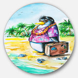 Penguin Enjoying Holidays on Beach' Ultra Vibrant Cartoon Animal Metal Circle Wall Art