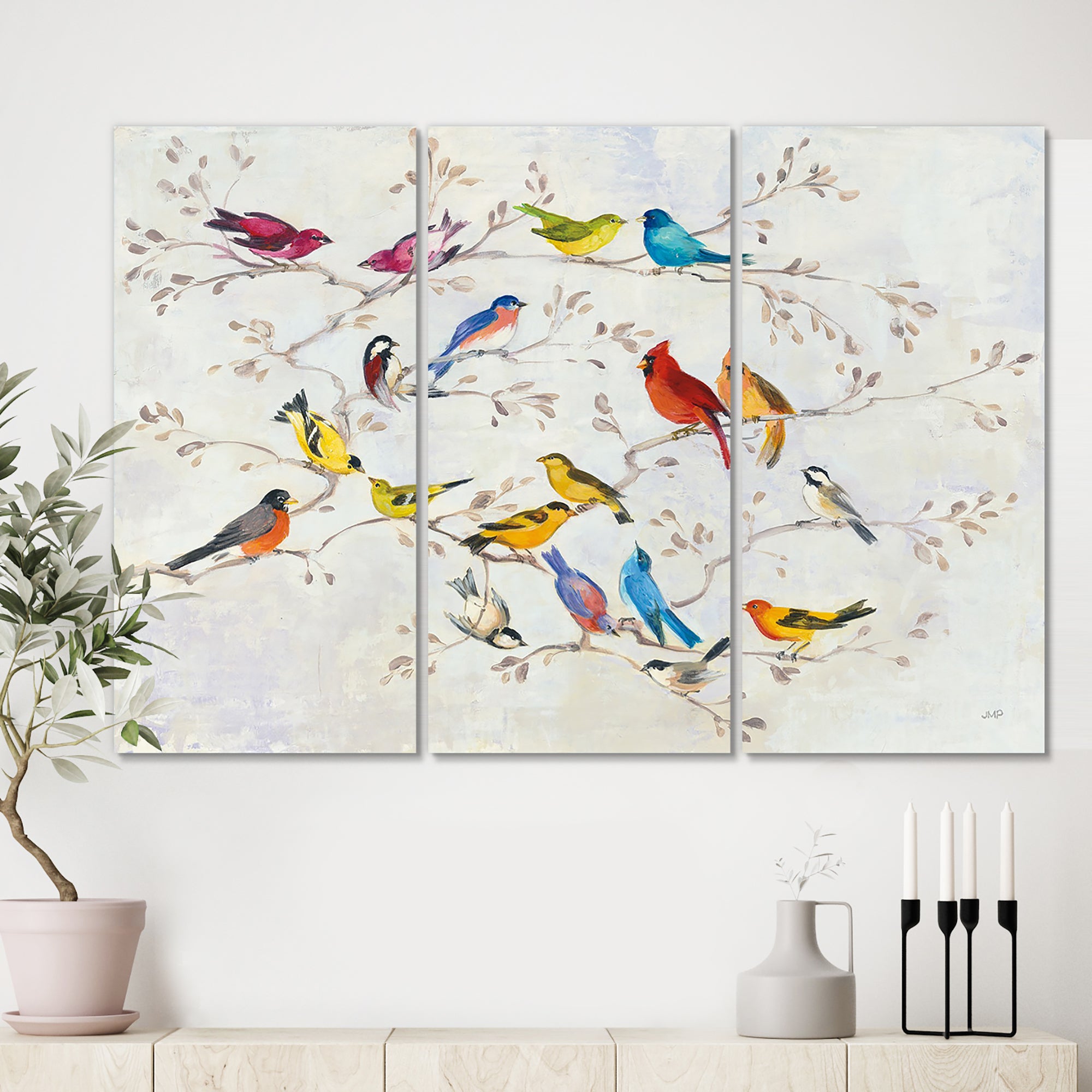 Designart 'Multi-Color Bird on Tree' Modern Farmhouse Canvas Art - 36x28 - 3 Panels