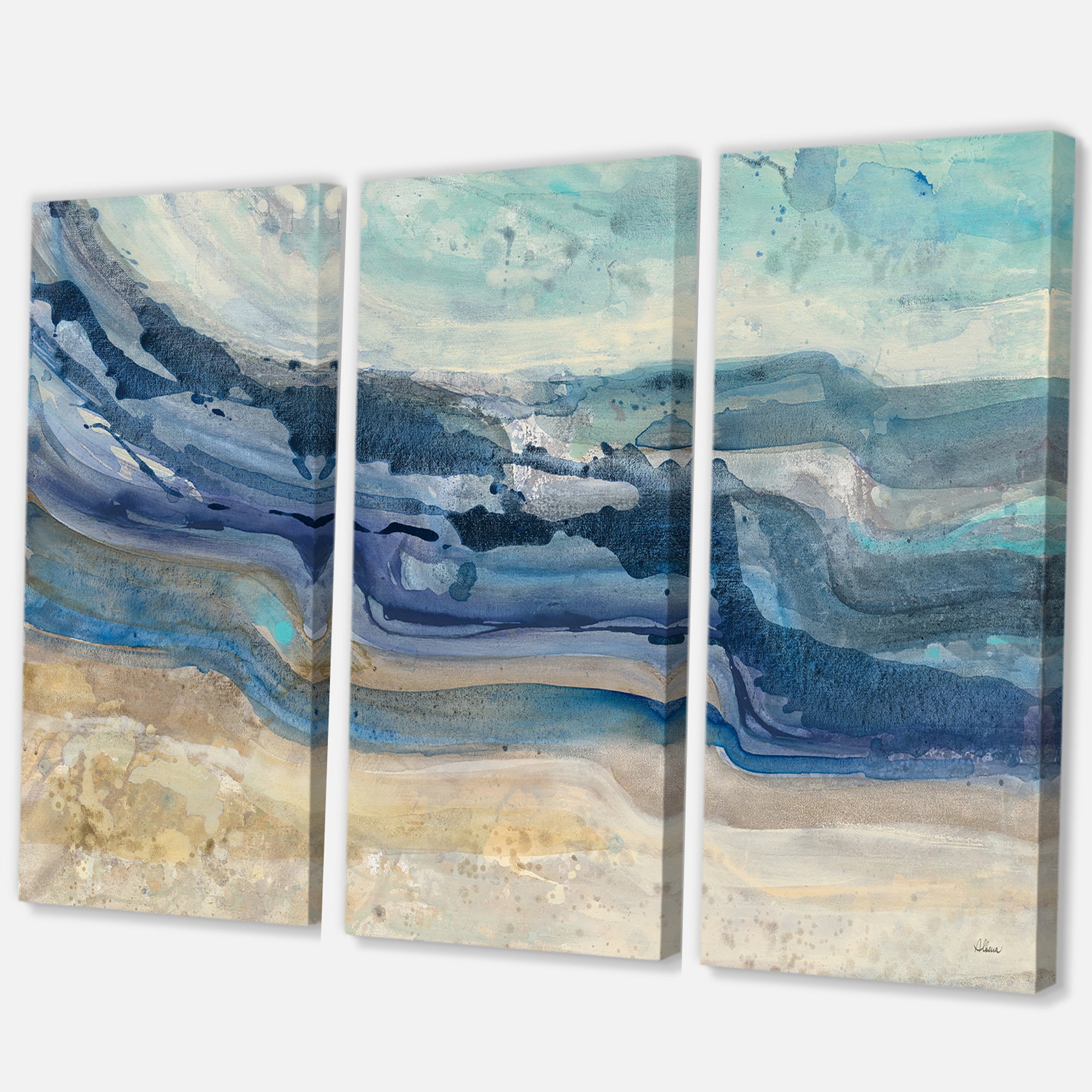 Designart 'Coast Blue Sea Waves Watercolour' Modern Farmhouse Canvas Art - 36x28 - 3 Panels