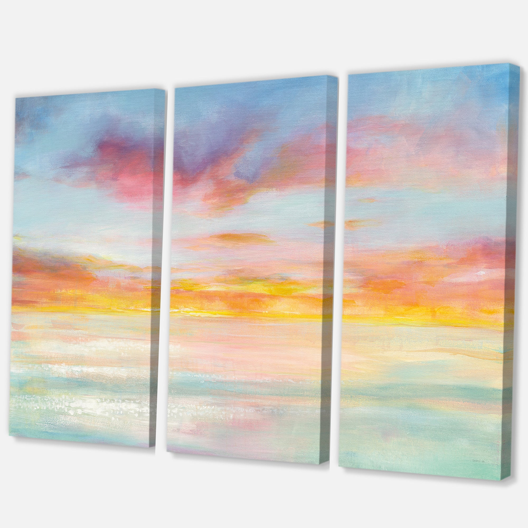 Designart 'Pastel Pink And Blue Clouds' Traditional Premium Canvas Wall Art - 36x28 - 3 Panels