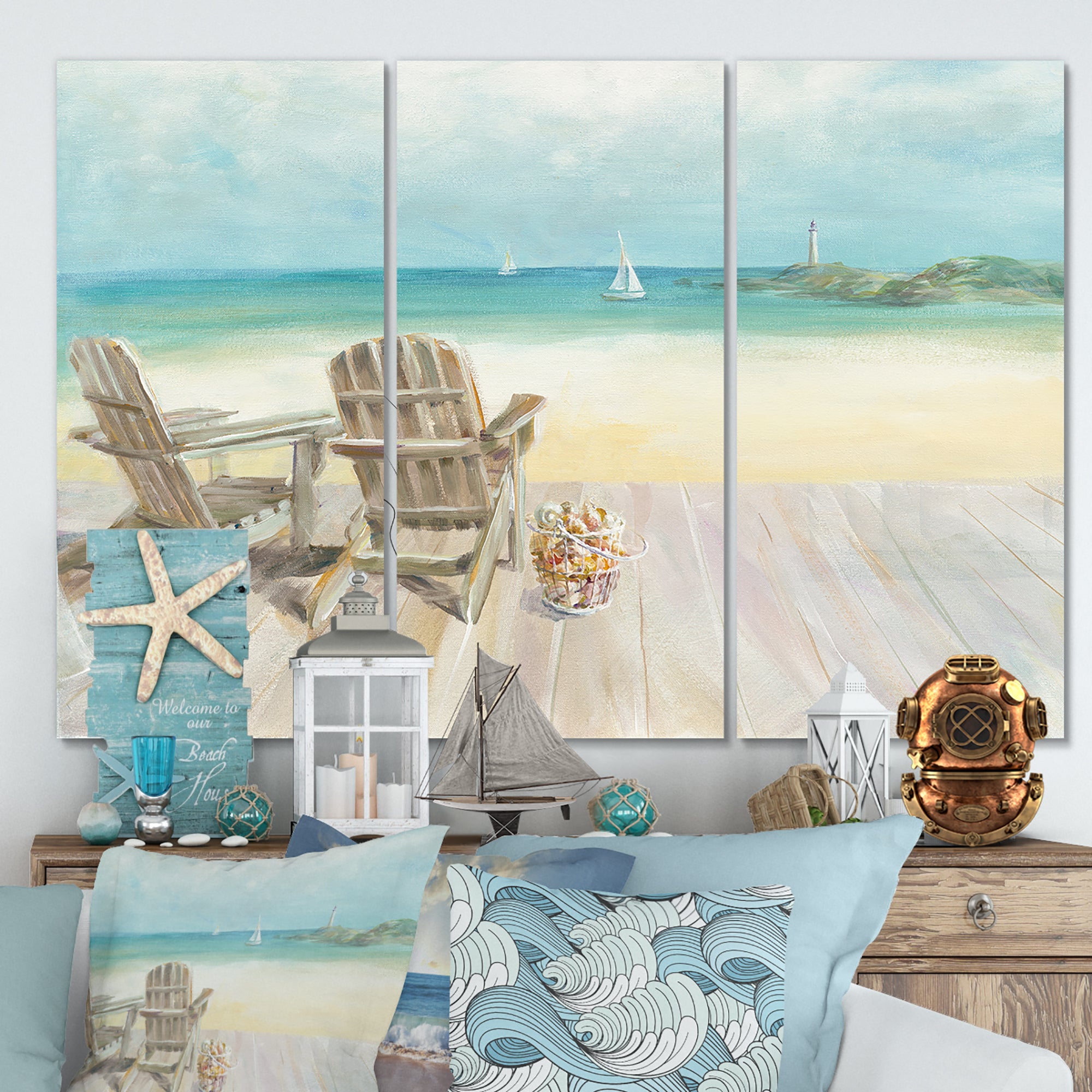 Designart 'Seaside Morning no Window' Coastal Gallery-wrapped Canvas - 36x28 - 3 Panels
