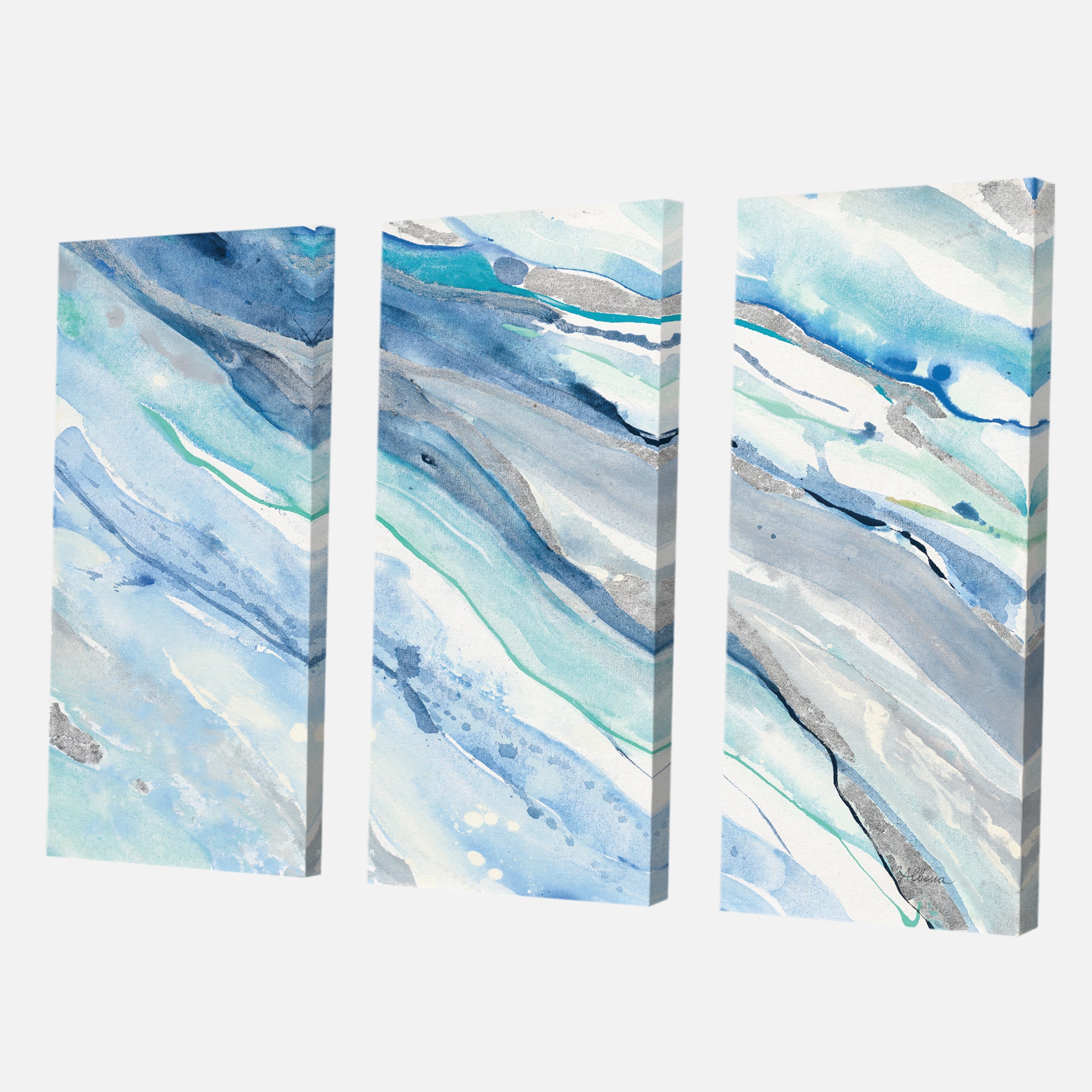 Designart 'Blue Silver Spring II' Modern Lake House Gallery-wrapped Canvas - 36x28 - 3 Panels