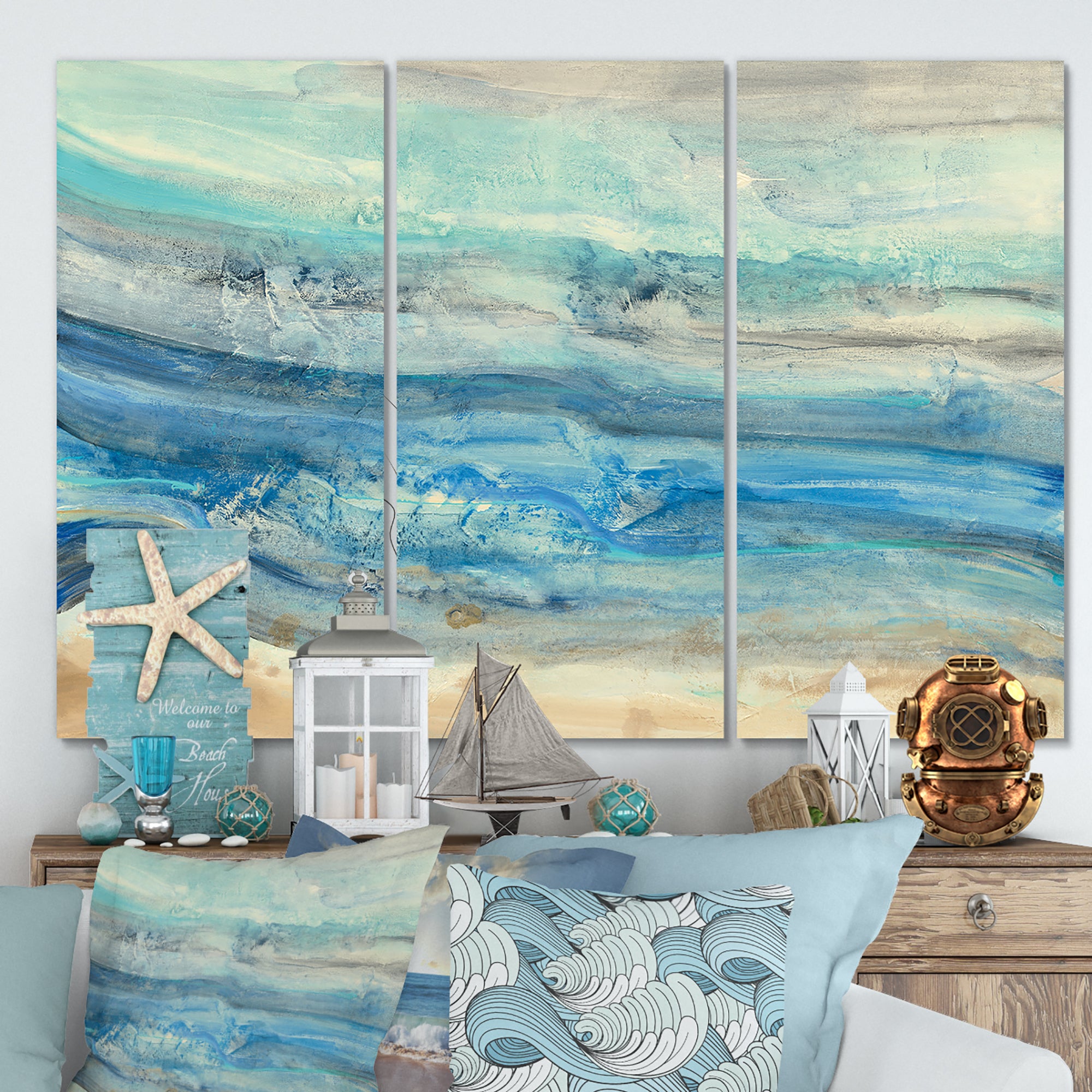 Designart 'Ocean Mineral Waves' Beach Canvas Art - 36x28 - 3 Panels