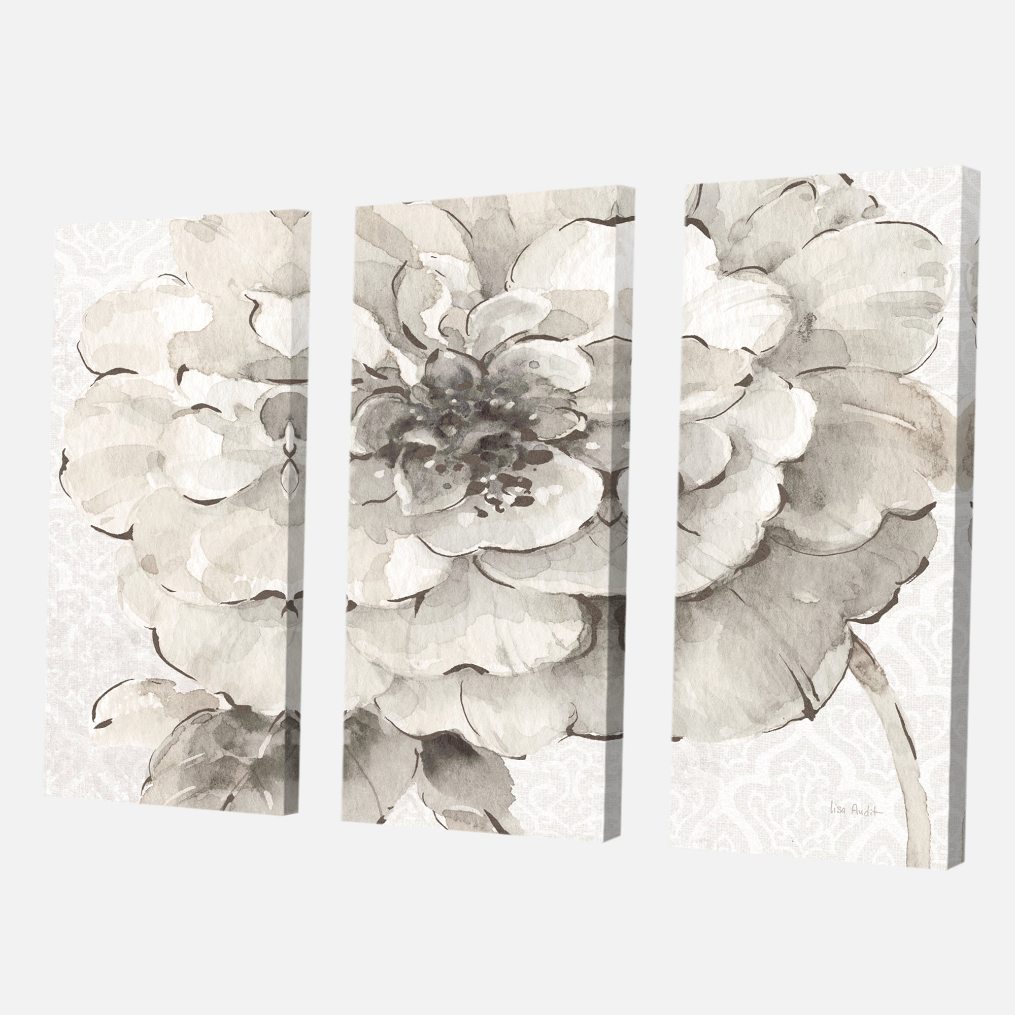 Designart 'Indigold Grey Peonies I' Farmhouse Premium Canvas Wall Art - 36x28 - 3 Panels