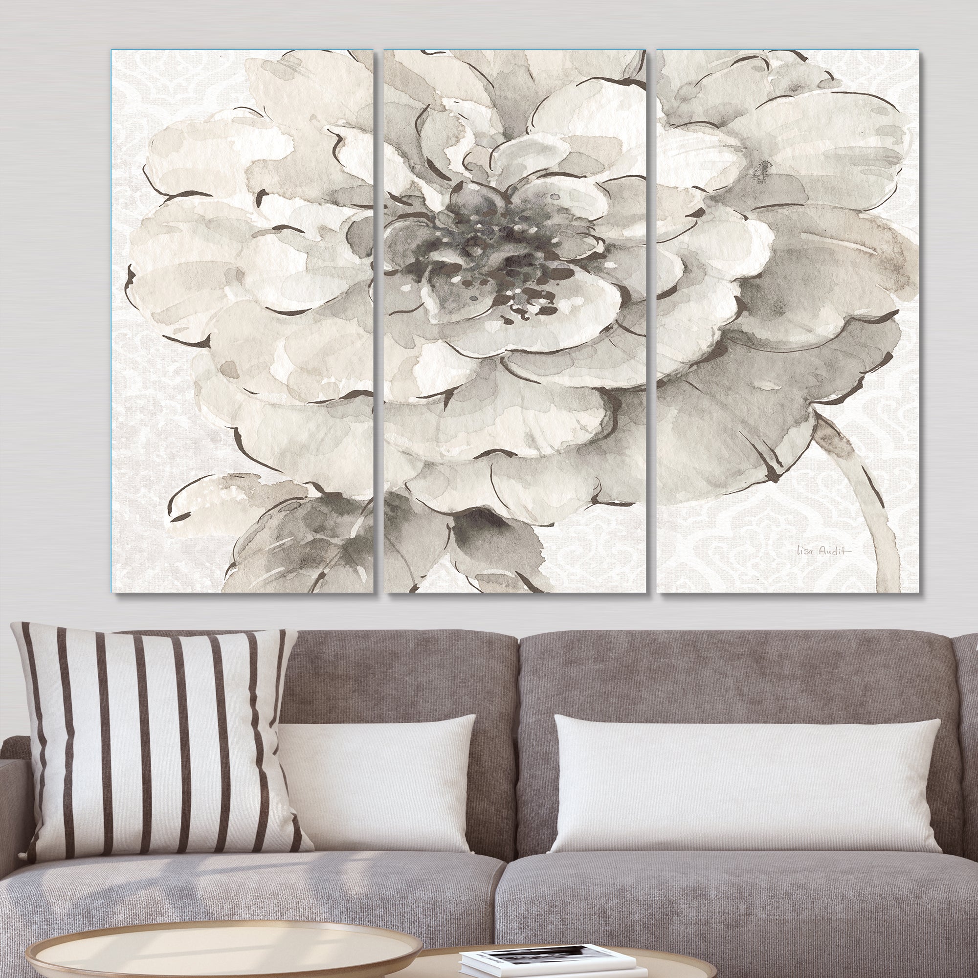 Designart 'Indigold Grey Peonies I' Farmhouse Premium Canvas Wall Art - 36x28 - 3 Panels