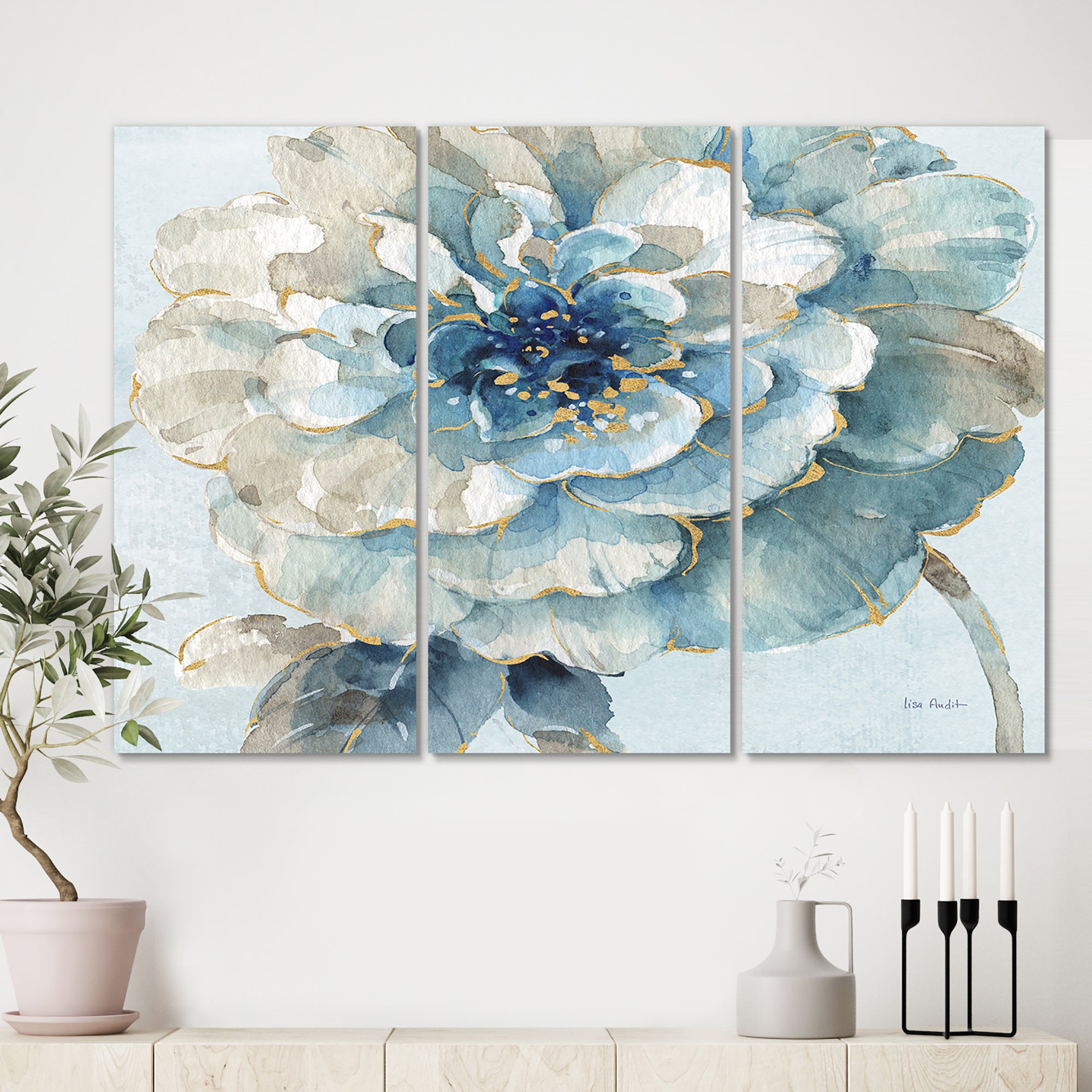 Designart 'Indigold Watercolor Flower II' Farmhouse Canvas Artwork - 36x28 - 3 Panels