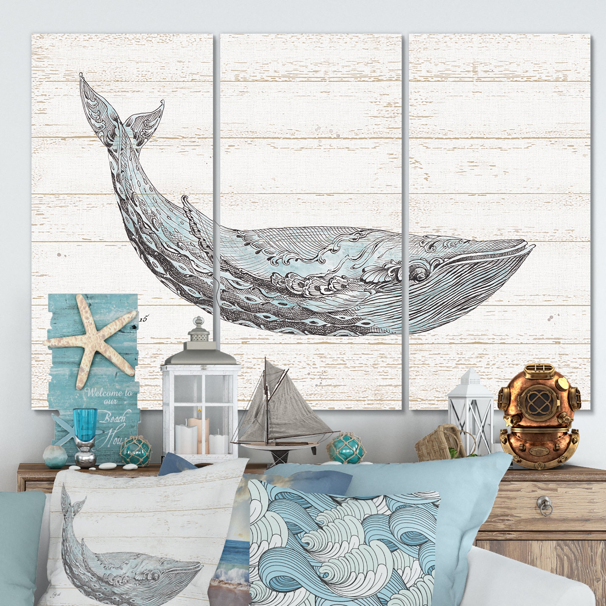Designart 'Blue Whale Handpainted Watercolor' Nautical & Coastal Gallery-wrapped Canvas - 36x28 - 3 Panels
