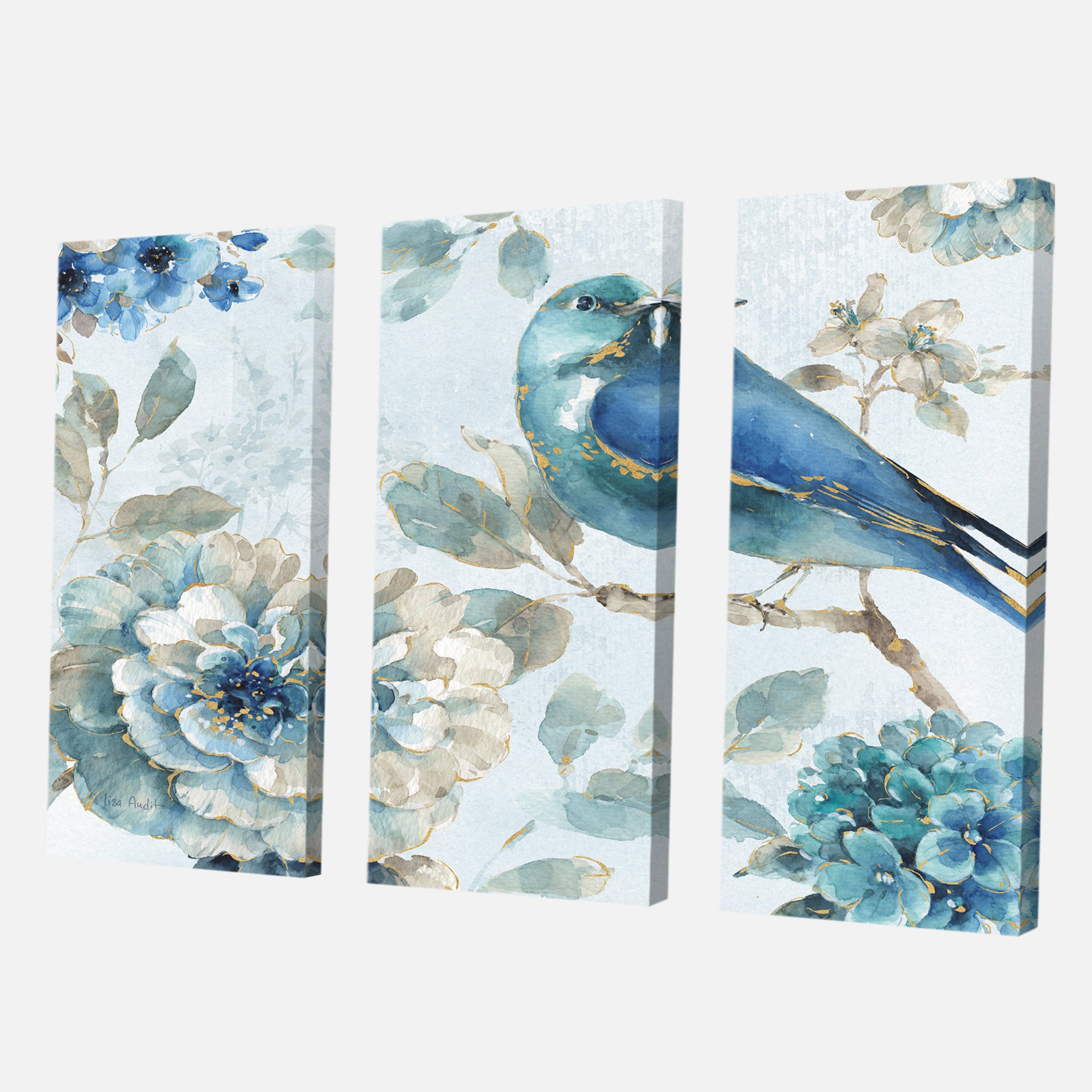 Designart 'Indigold Watercolor Lovely bird II' Farmhouse Canvas Art - 36x28 - 3 Panels