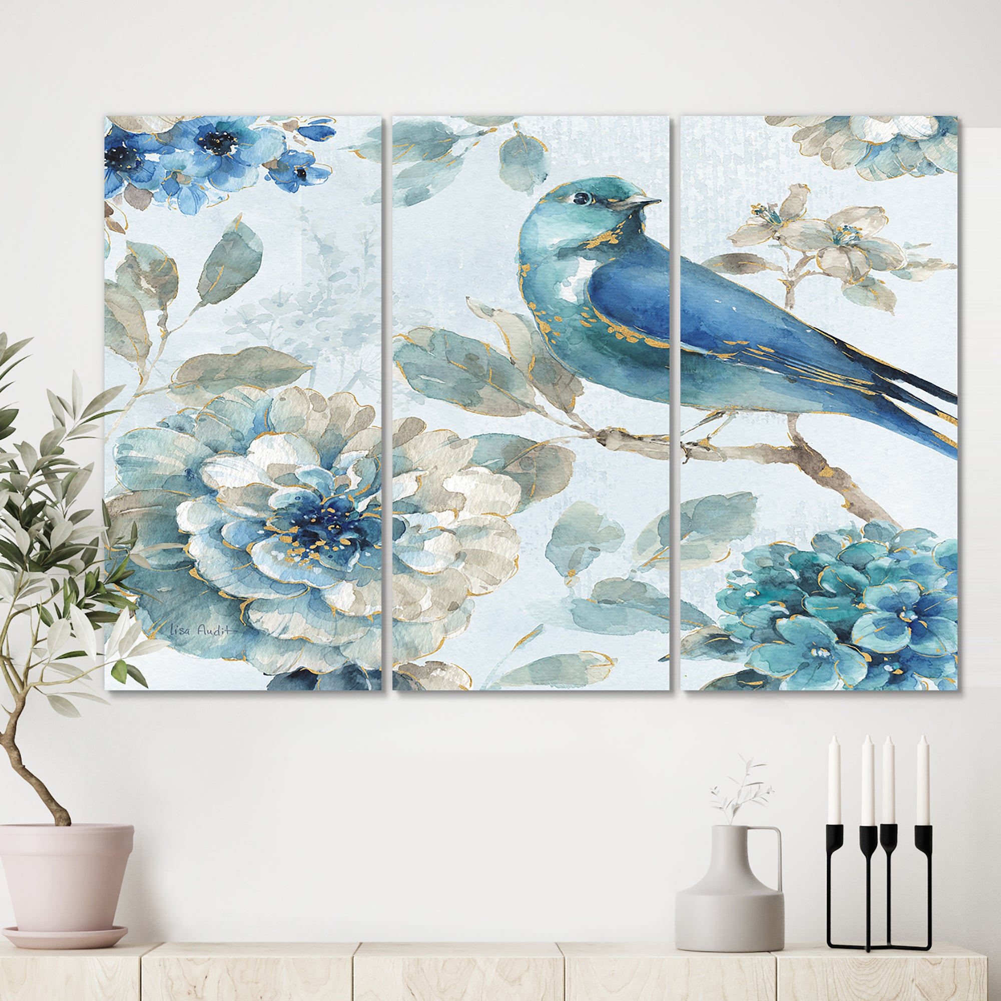 Designart 'Indigold Watercolor Lovely bird II' Farmhouse Canvas Art - 36x28 - 3 Panels