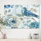 Designart 'Indigold Watercolor Lovely bird II' Farmhouse Canvas Art - 36x28 - 3 Panels