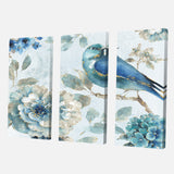 Designart 'Indigold Watercolor Lovely bird II' Farmhouse Canvas Art - 36x28 - 3 Panels