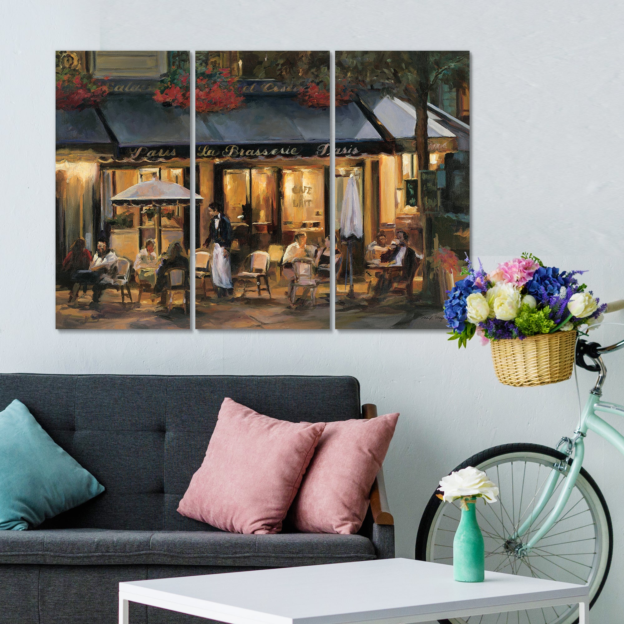 Designart 'La Brasserie of Champs-Élysées Paris' French Country Gallery-wrapped Canvas - 36x28 - 3 Panels