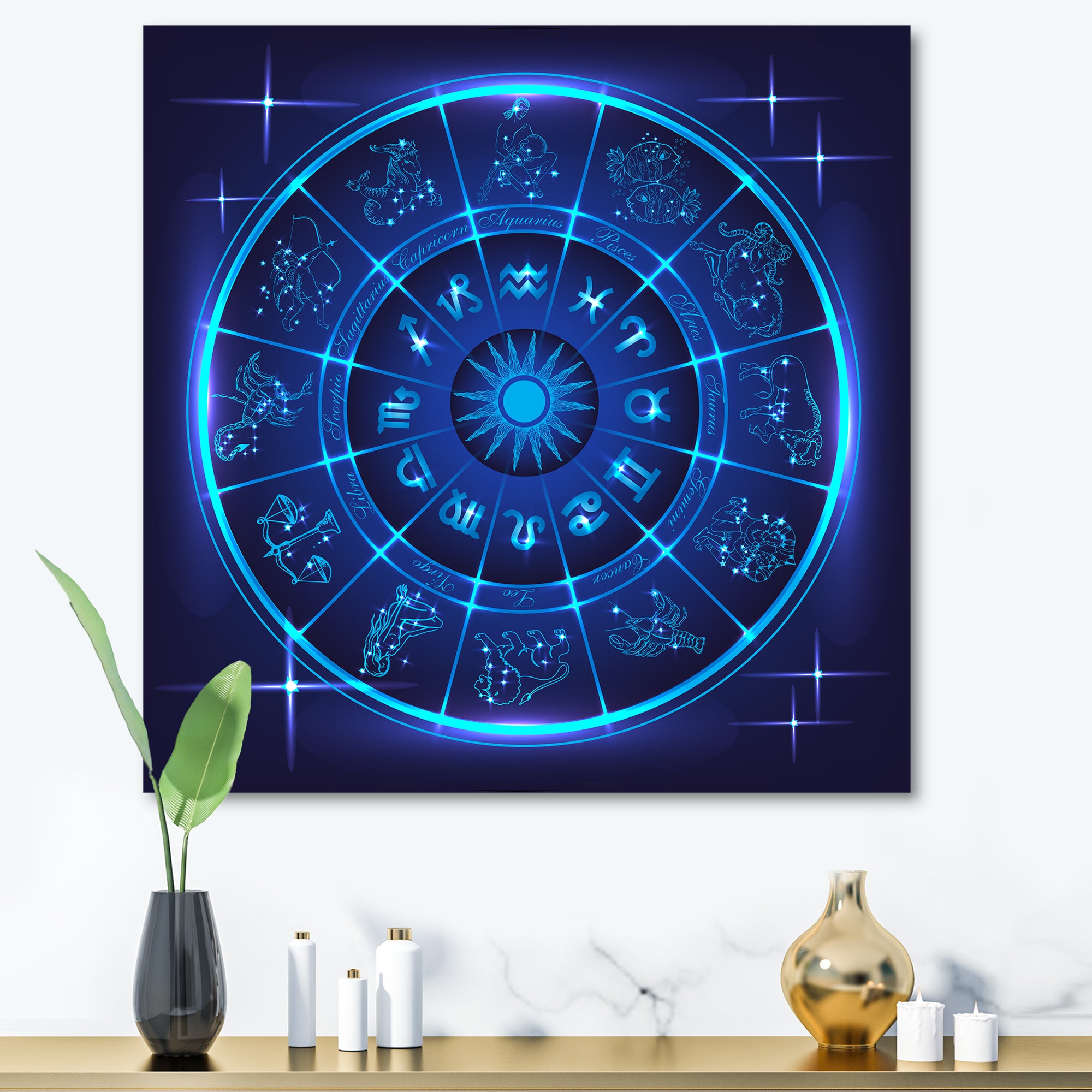 Neon Deep Blue Horoscope Circle With Zodiac Signs