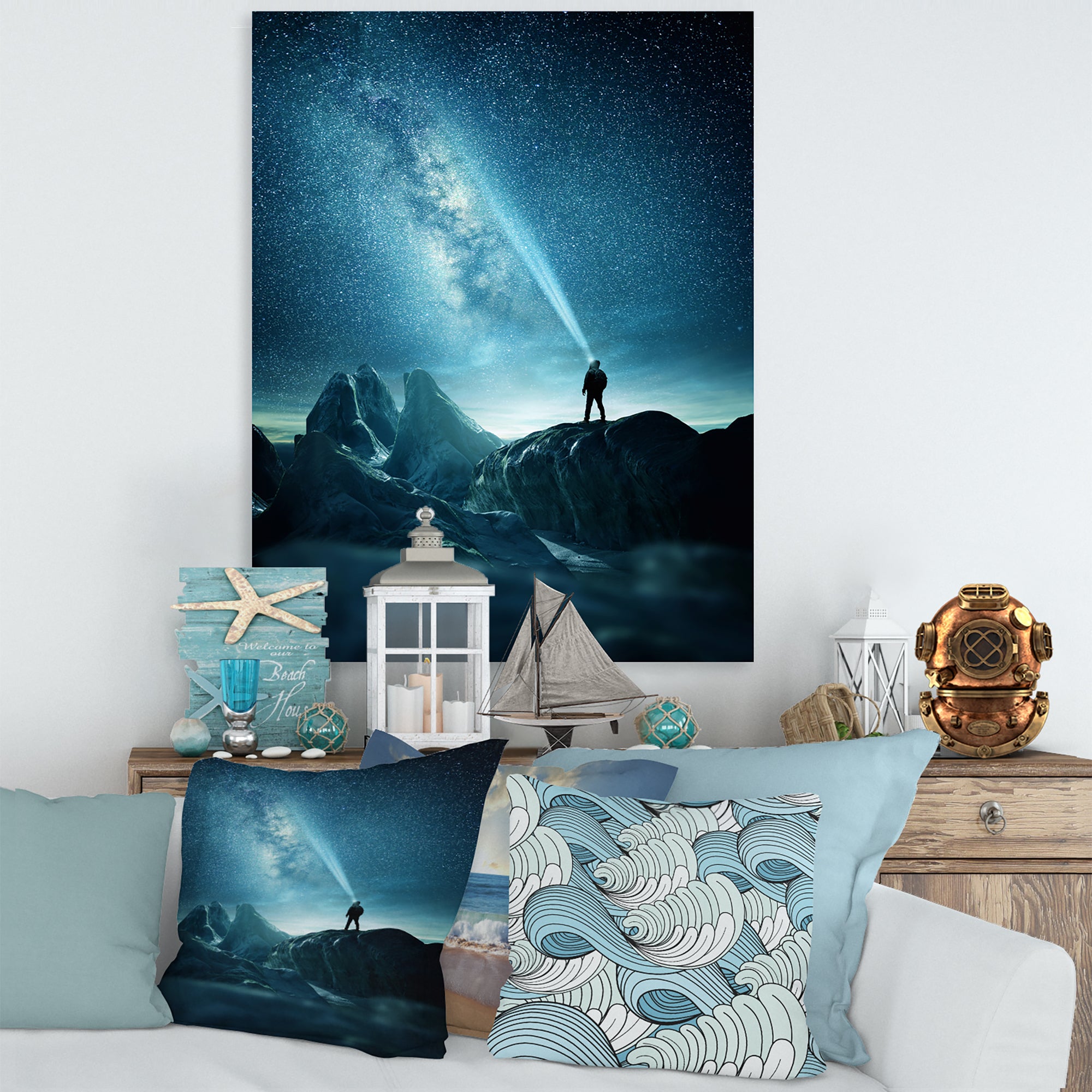 A Man Shining A Light Into The Night Sky