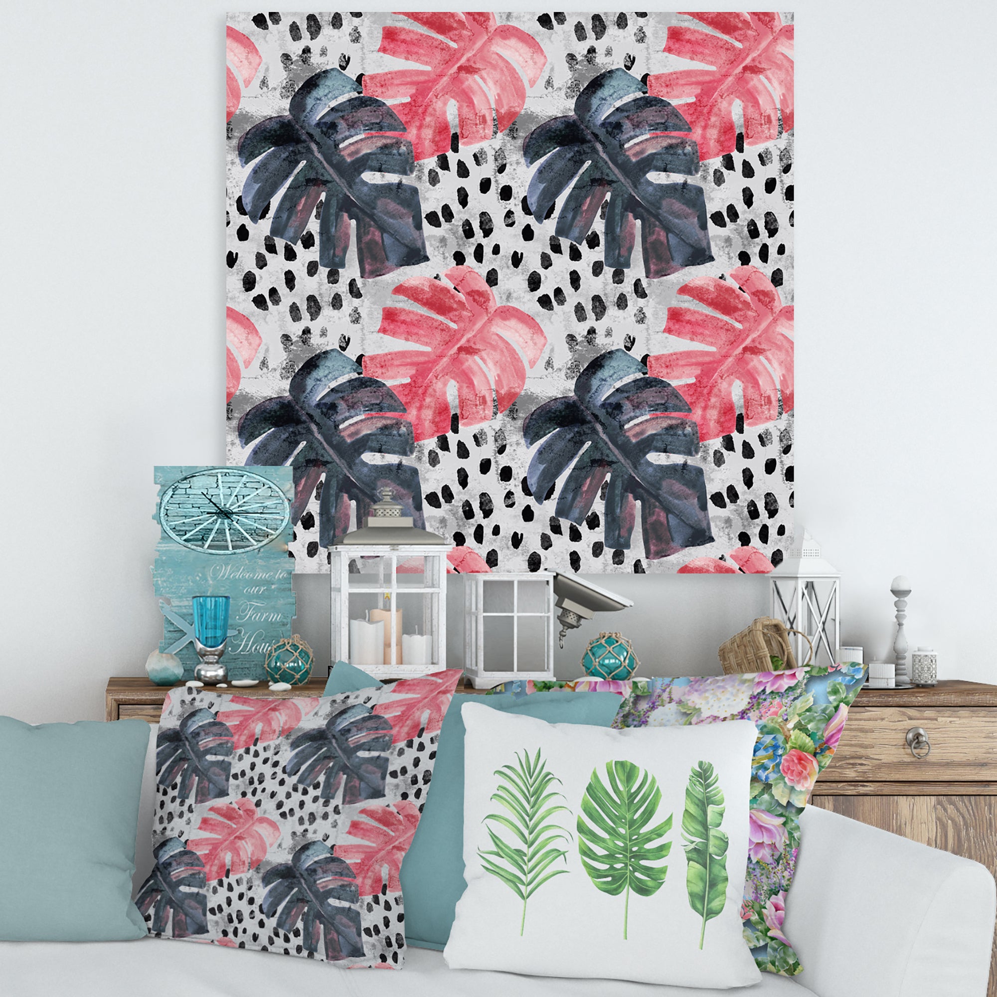 Colored Monstera On Rough Brush Strokes I