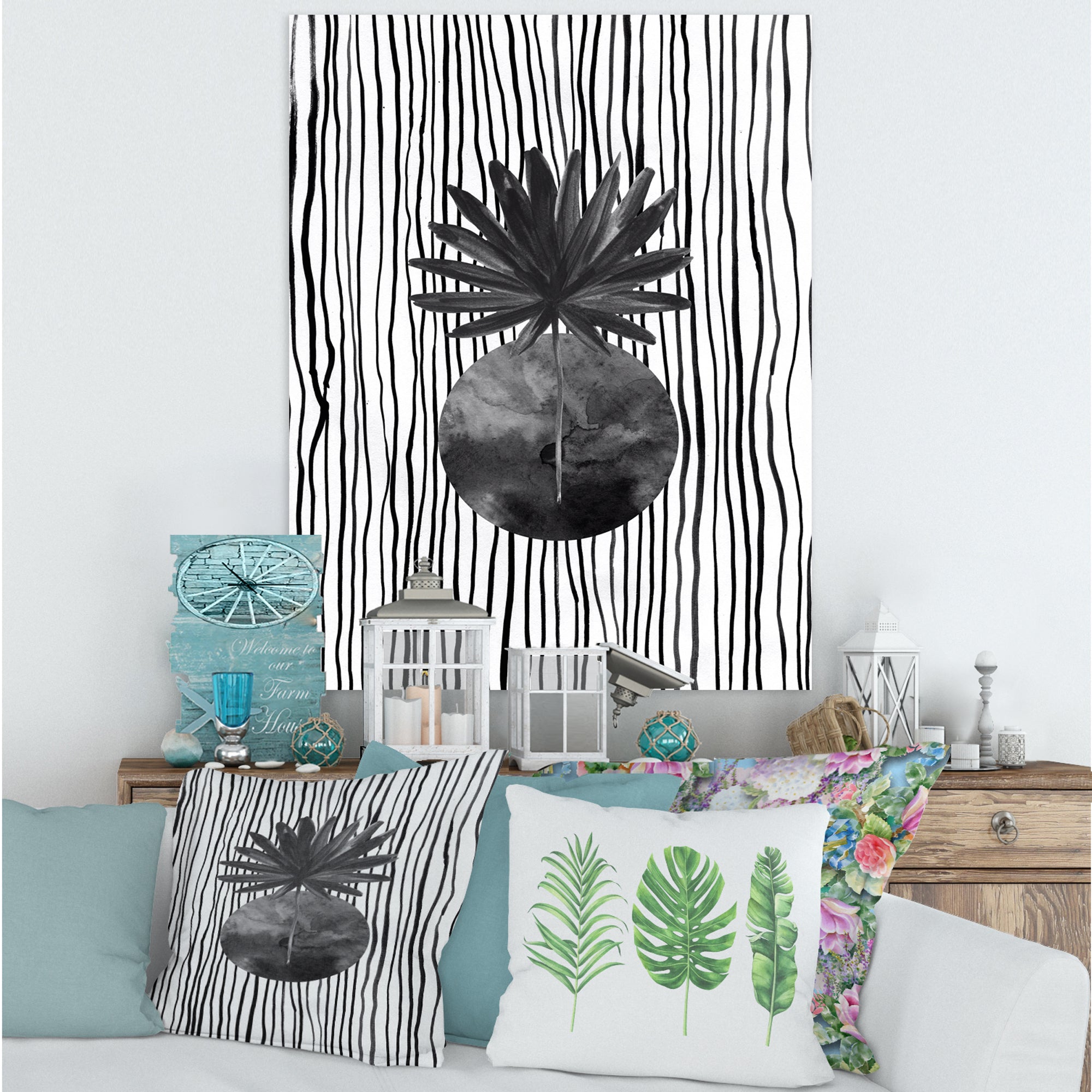 Black and White Tropical Leaf On Striped I