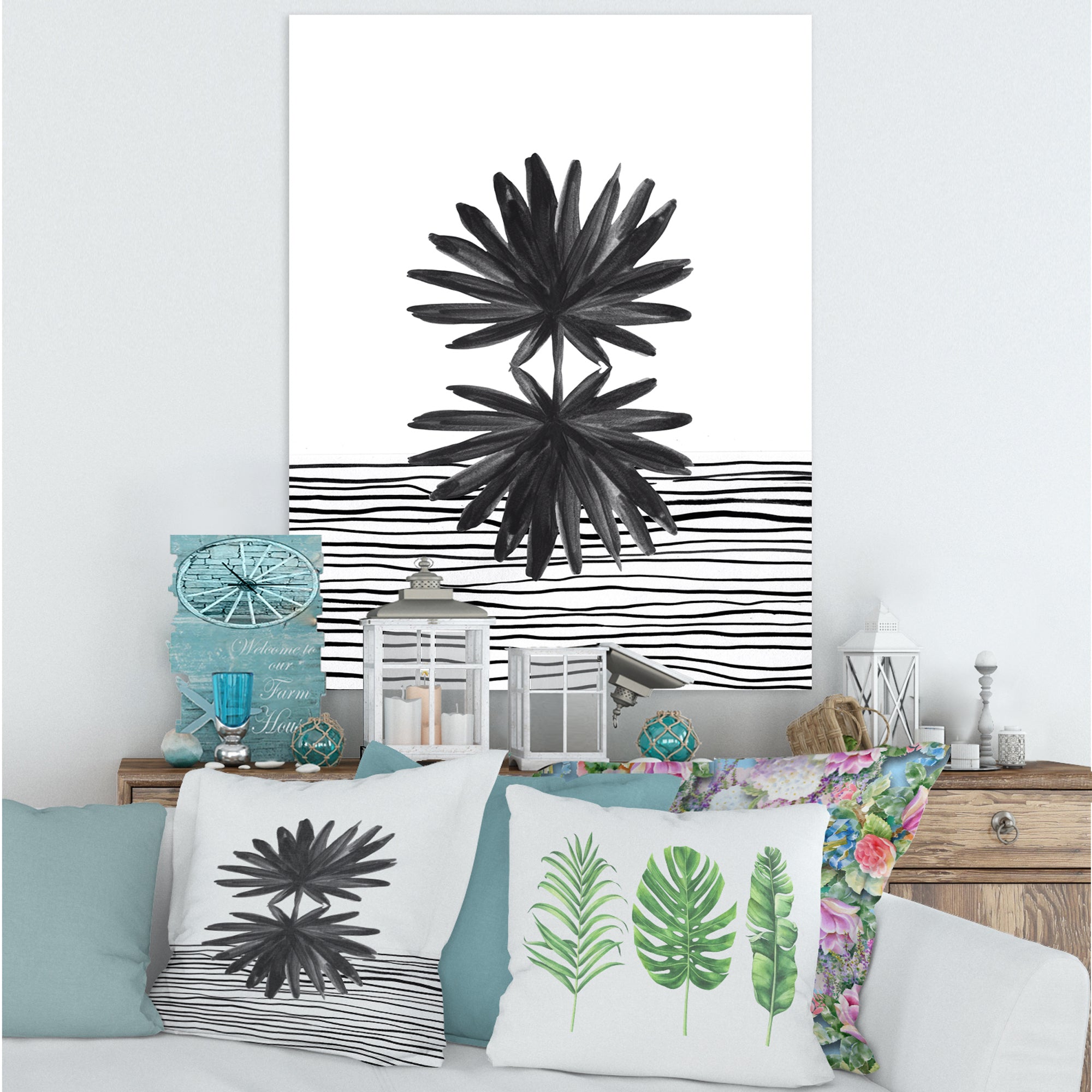 Black and White Tropical Leaf On Striped II