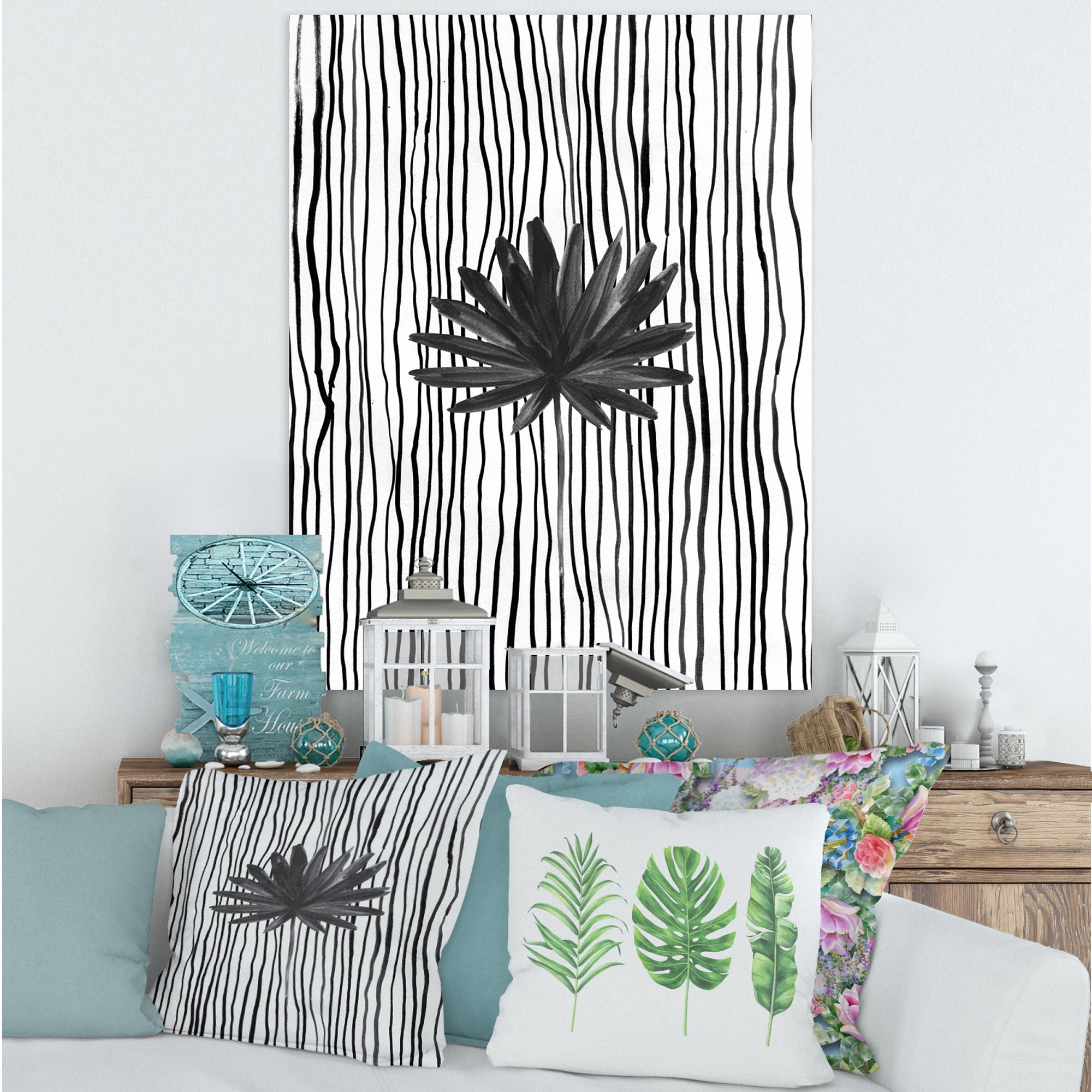 Black and White Tropical Leaf On Striped III