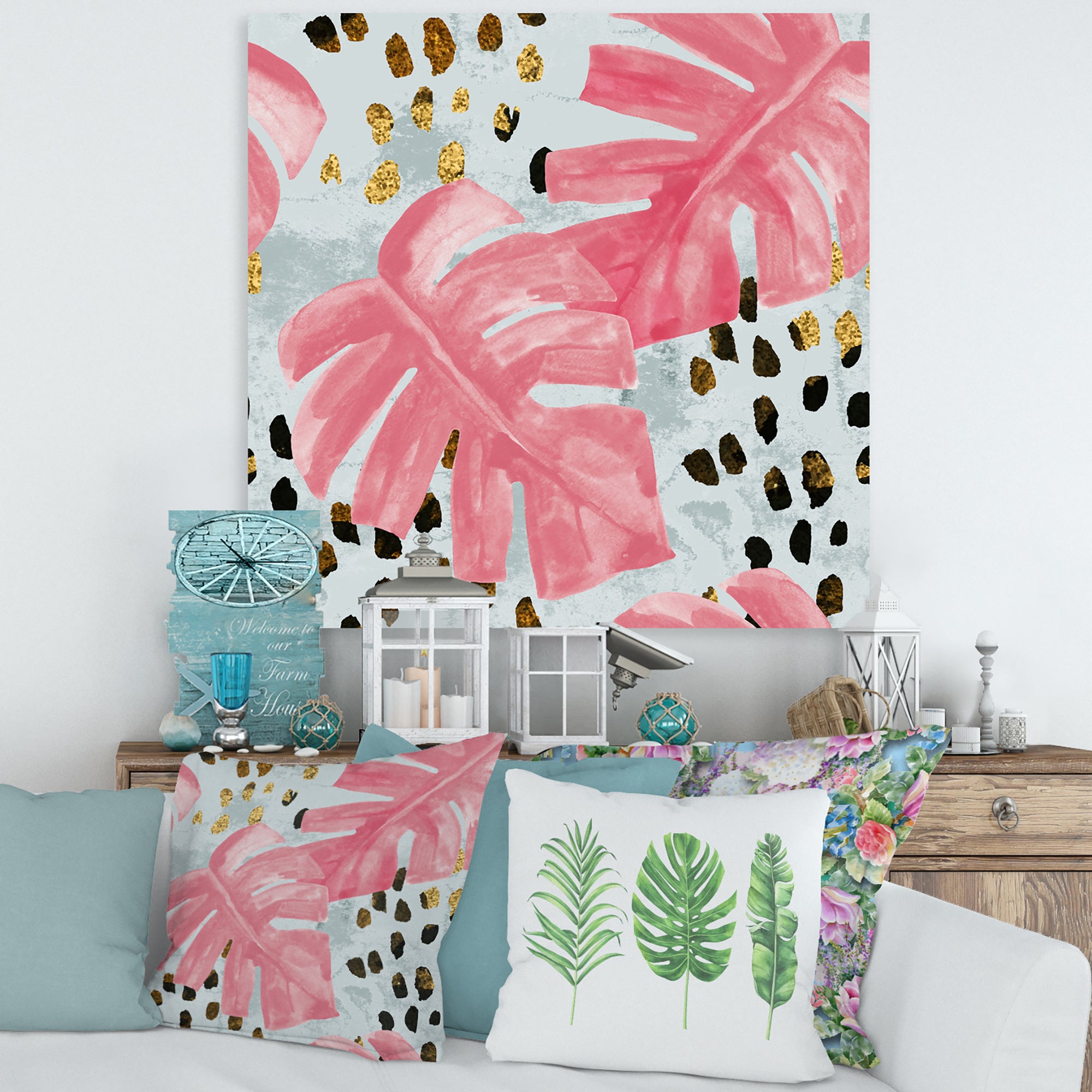 Pink Colored Monstera On Rough Brush Strokes II