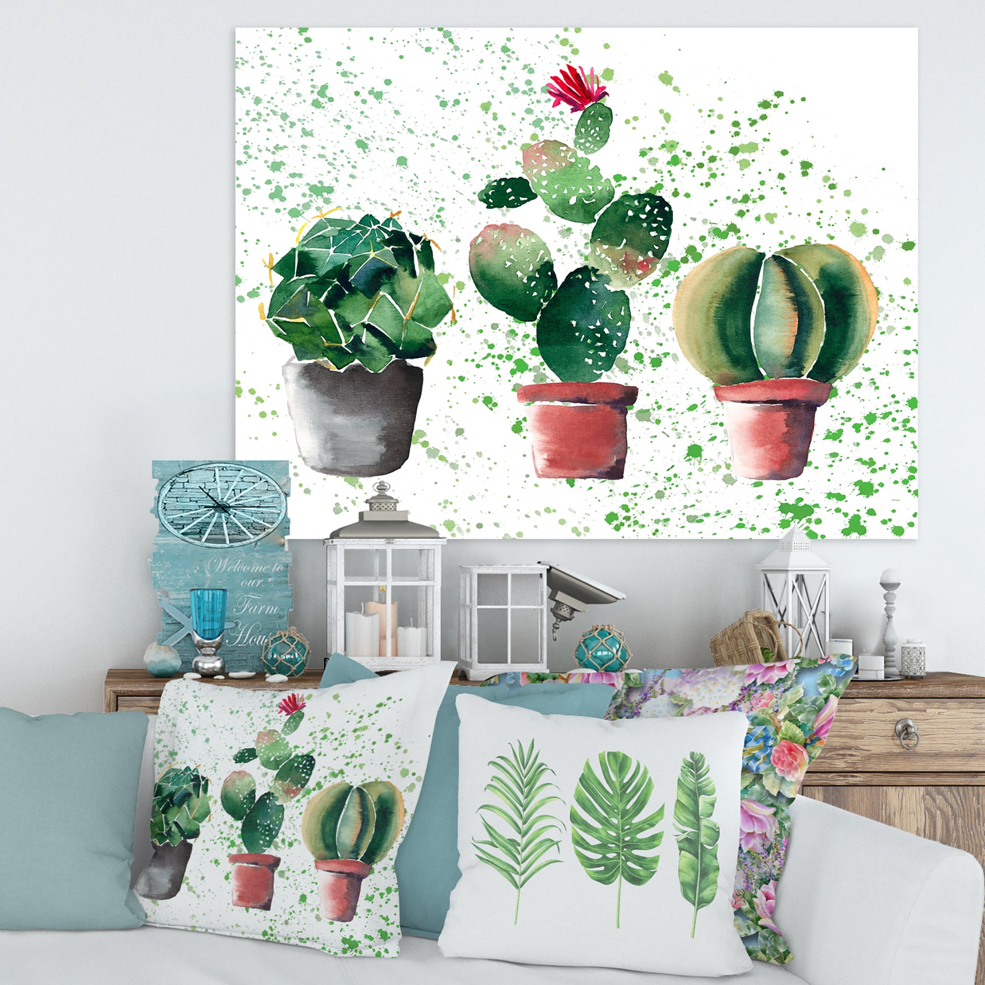 Three Cacti In Clay Pots