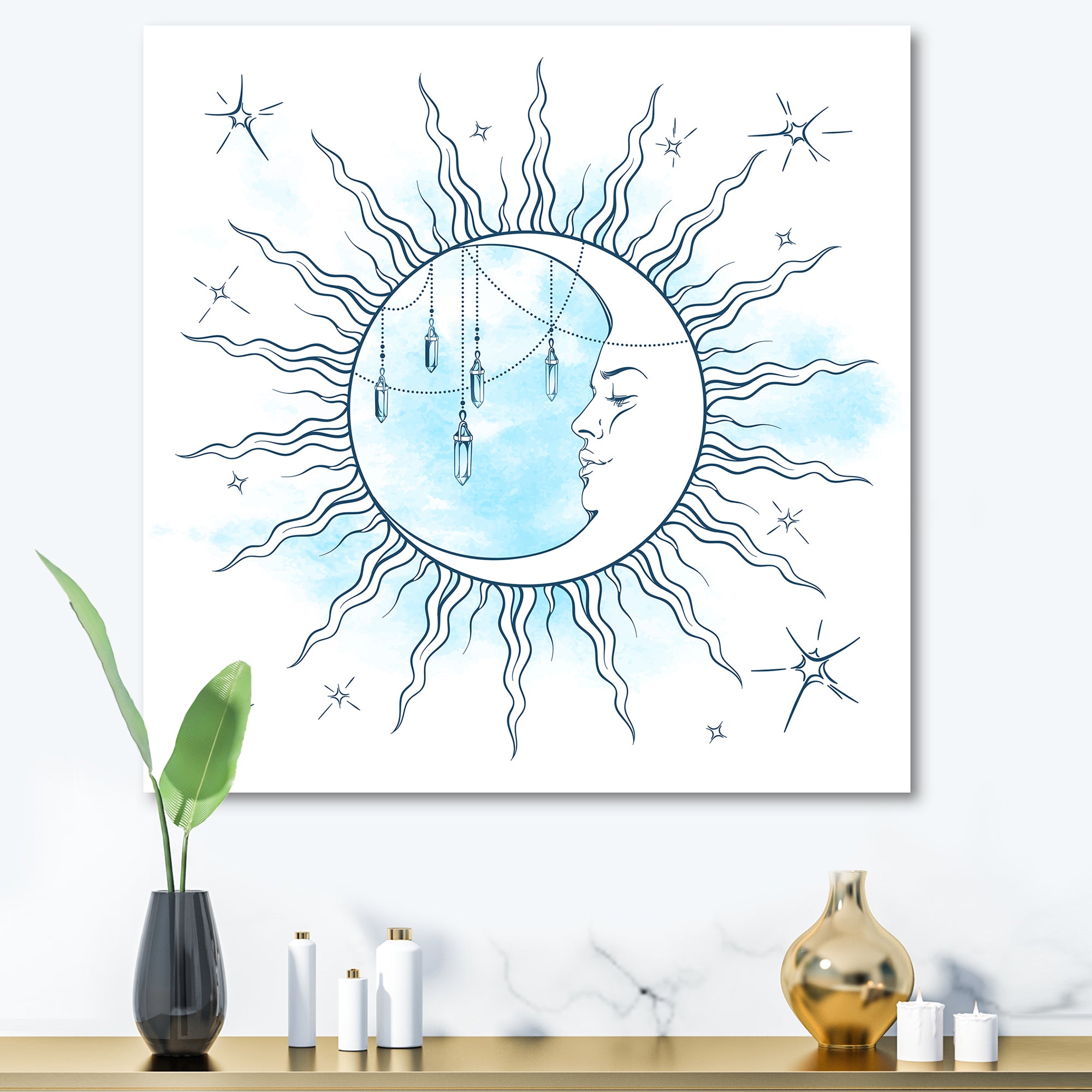 Blue Crescent Moon With Moonstone Pendants & Stars