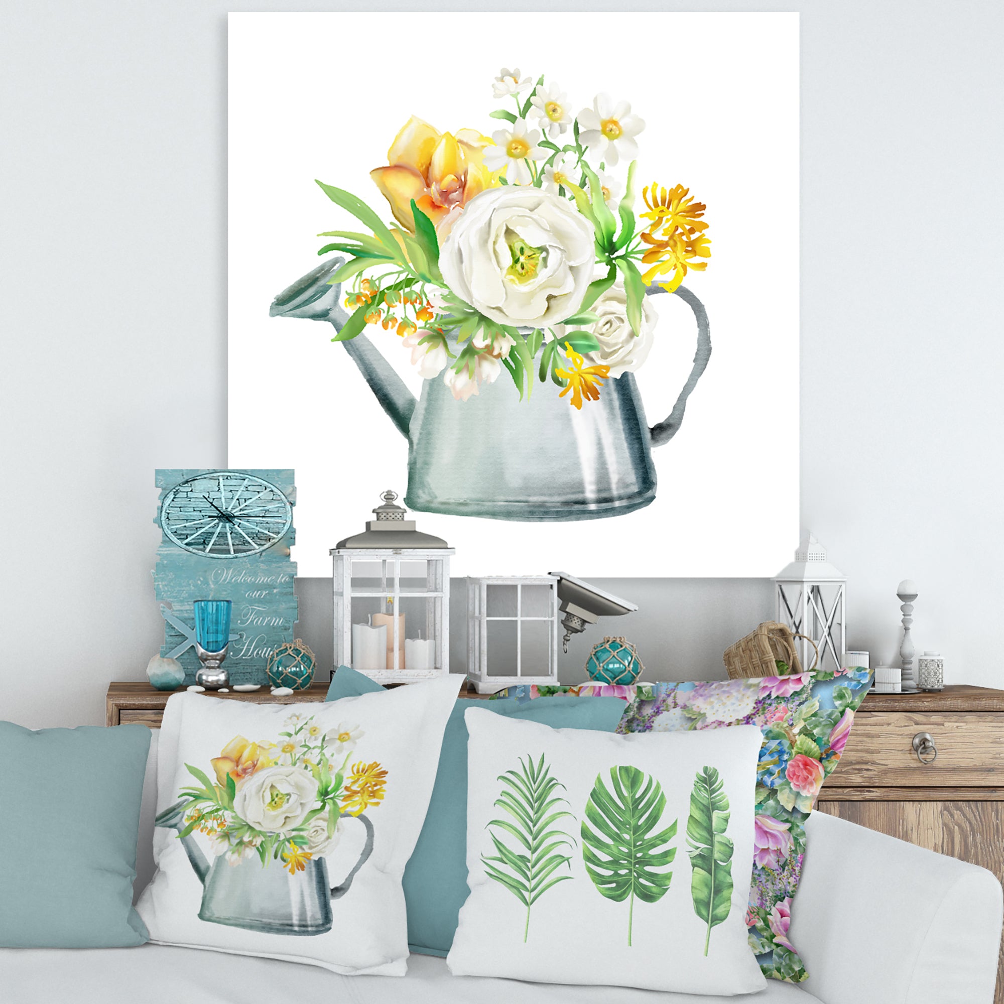 Roses Peonies & Marigolds In Garden Watering Can